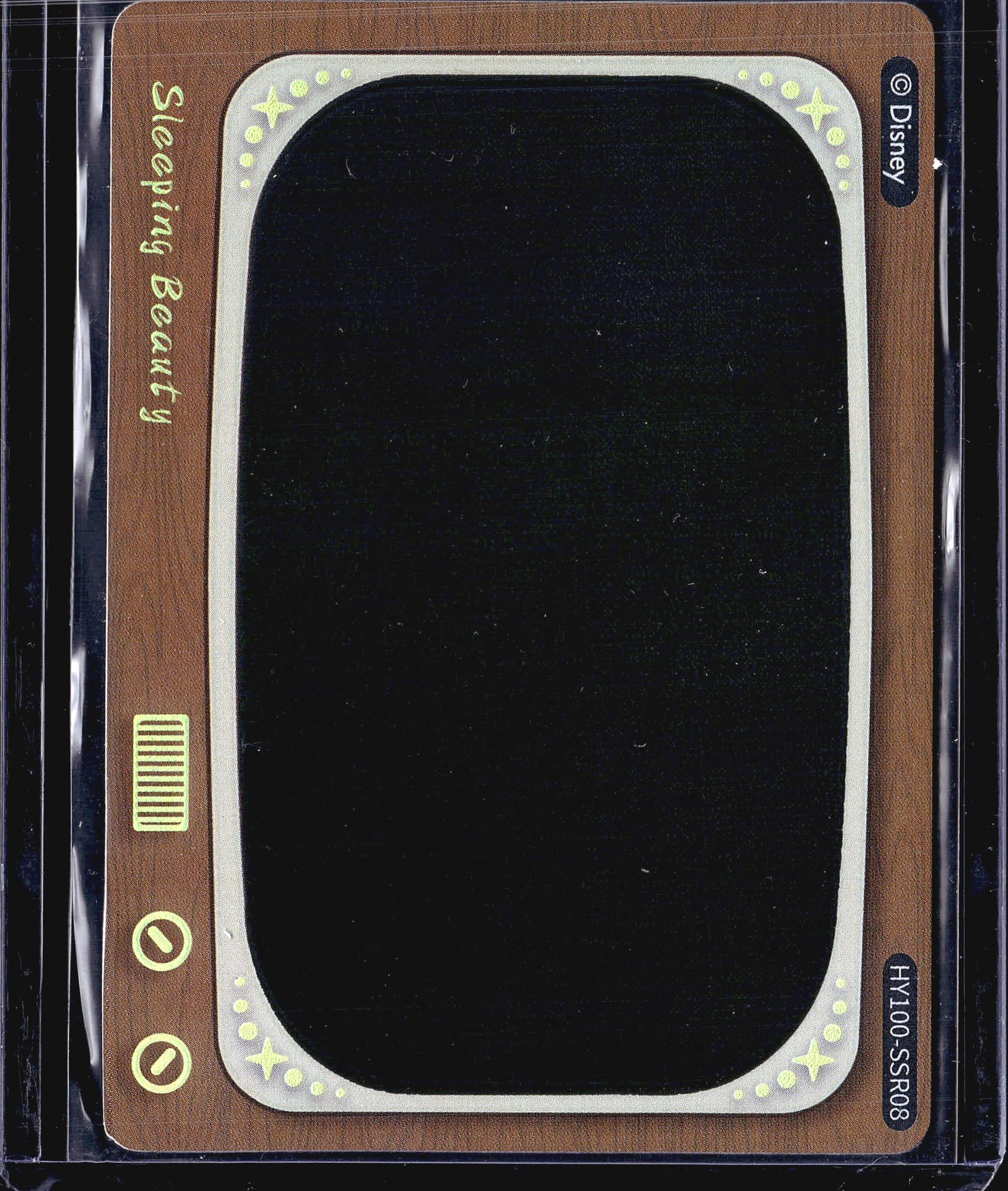 Disney 100 Heat Activated Sleeping Beauty Card Fu: This is a Disney 100 Heat Activated Movie Scenes card produced by Card Fun, featuring Sleeping Beauty. The card number is HY100-SSR08. The front face appears dark/black, which is characteristic of hea