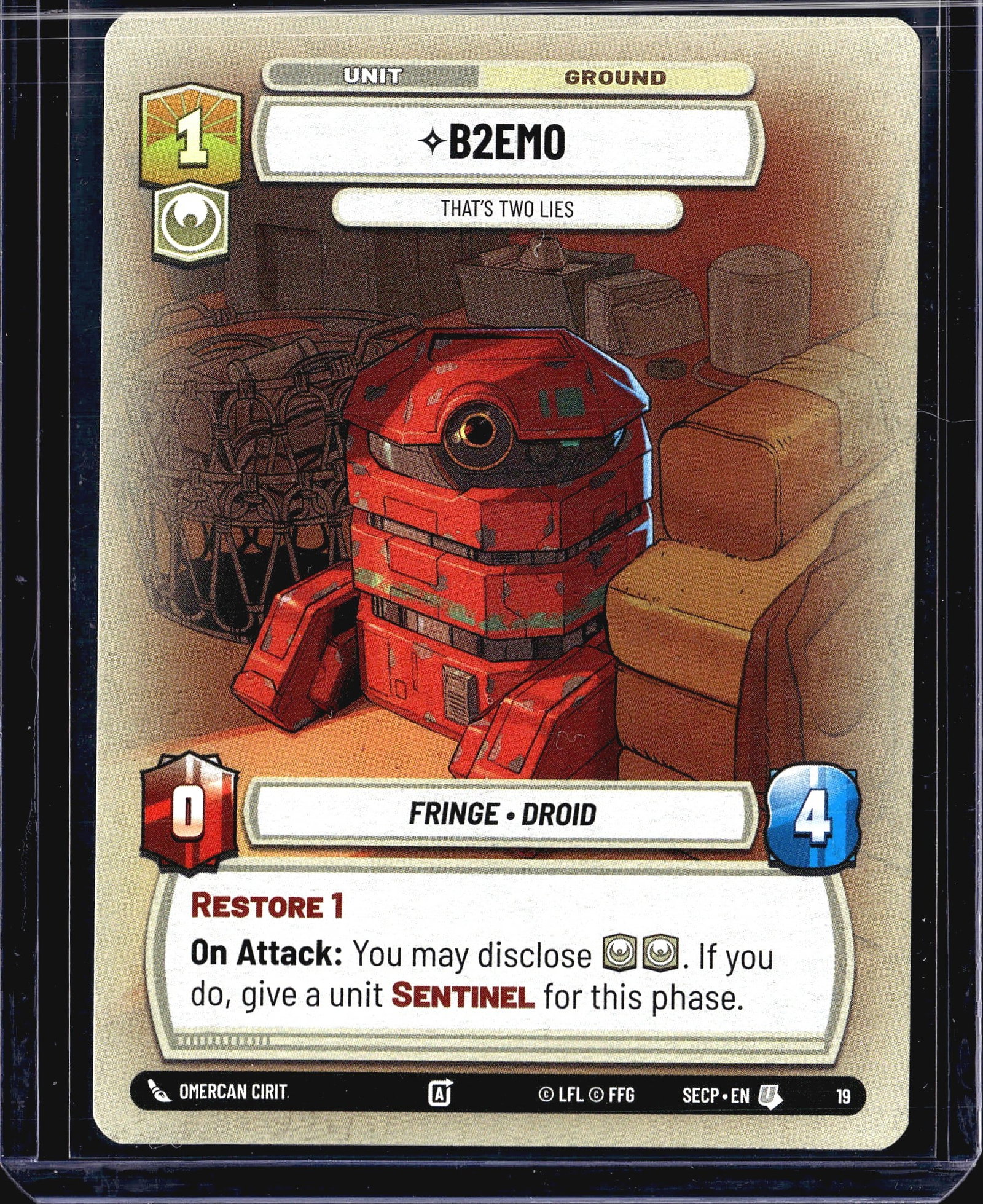 2024 Fantasy Flight Games Spark of Rebellion B2EM: This listing is for B2EMO - That's Two Lies, card #19 from the Star Wars Unlimited Spark of Rebellion set (SECP). Published by Fantasy Flight Games under LFL license, this is a Ground Unit card