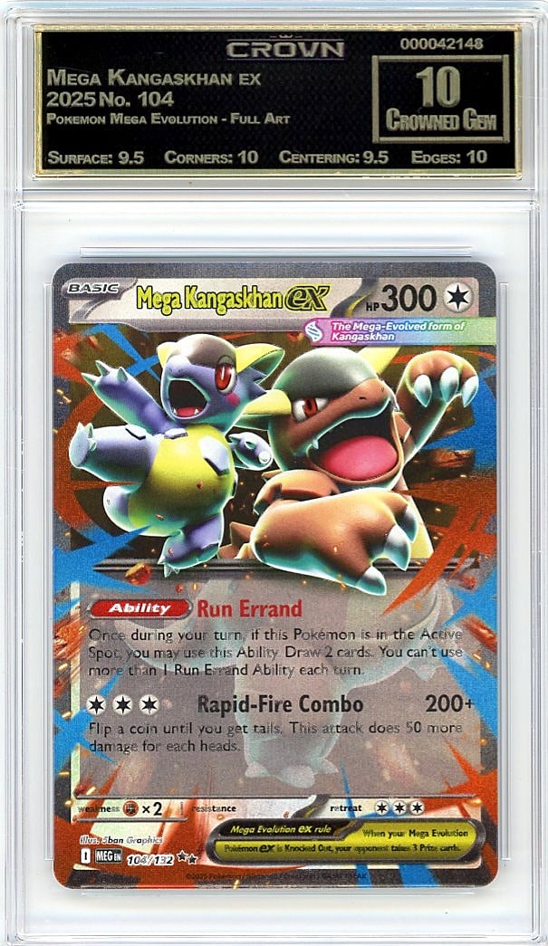2025 Mega Kangaskhan ex #104 Pokemon Mega Evoluti: This is a 2025 Mega Kangaskhan ex card from the Pokemon Mega Evolution Full Art set, card number 104. It features the full-art treatment that collectors prize for its expansive, detailed artwork