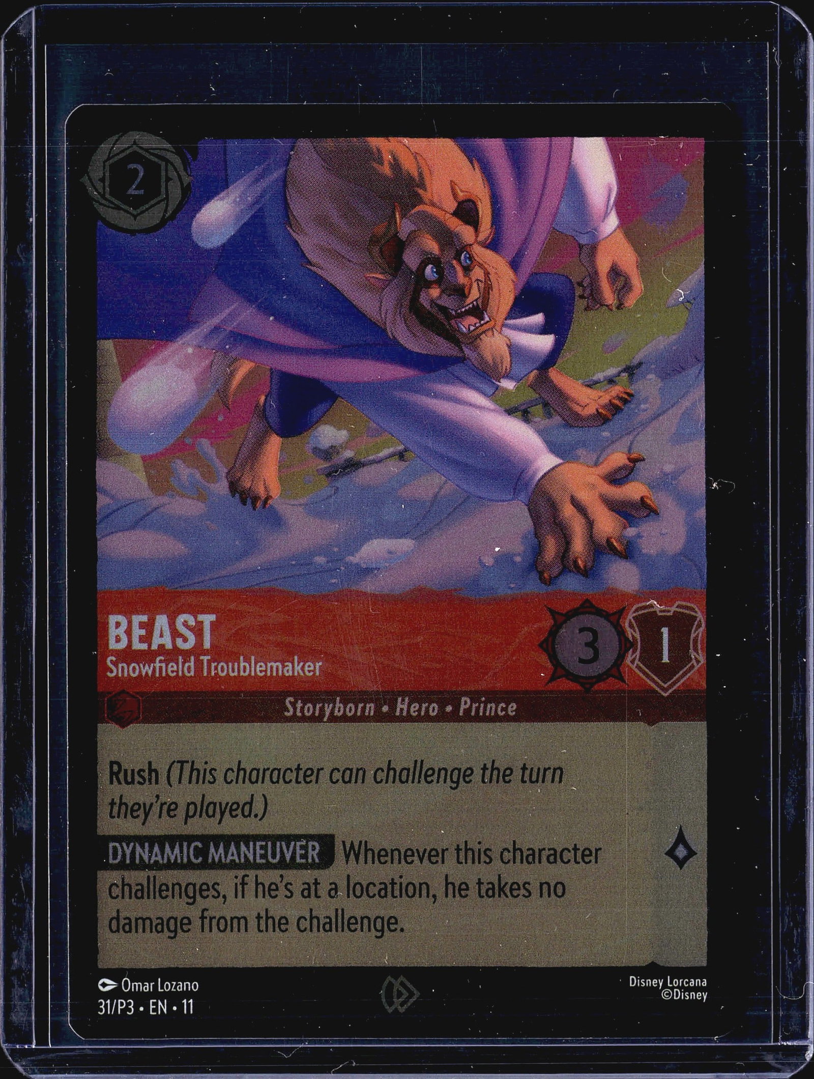 2024 Disney Lorcana Promo Beast 31/P3 Foil Card: This listing features Beast - Snowfield Troublemaker, card number 31/P3 from the Disney Lorcana promo series (EN 11), illustrated by Omar Lano. The card carries a cost of 2, with 3 strength and 1