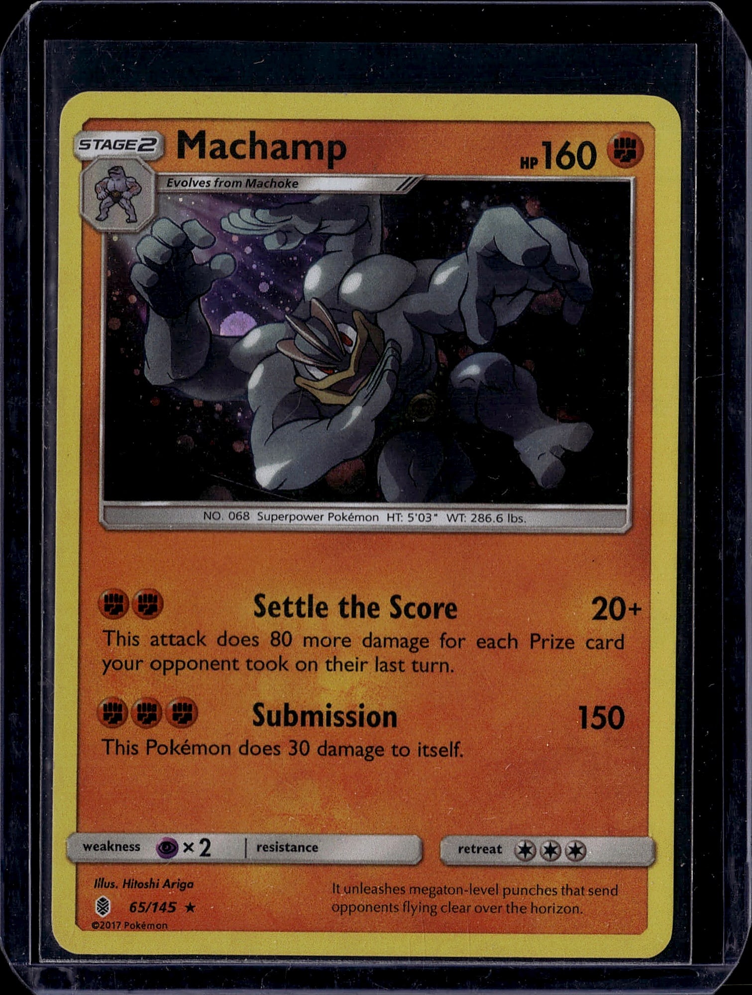 Machamp 68/145 Burning Shadows Pokemon Single Car: This is a raw Machamp Stage 2 Pokemon card from the 2017 Burning Shadows set (Card #68/145). Machamp is a Superpower Pokemon with 160 HP, featuring two attacking moves: Settle the Score (which does 80