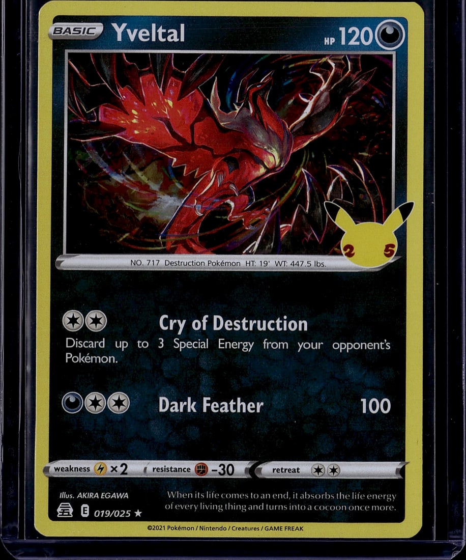 2021 Pokemon Shining Fates Yvetal 019/025 Holo Ra: This is a 2021 Pokemon Trading Card Game Shining Fates Yvetal card (#019/025), a highly sought-after Holo Rare featuring the Destruction Pokemon. Yvetal is a Basic Psychic-type with 120 HP, displaying