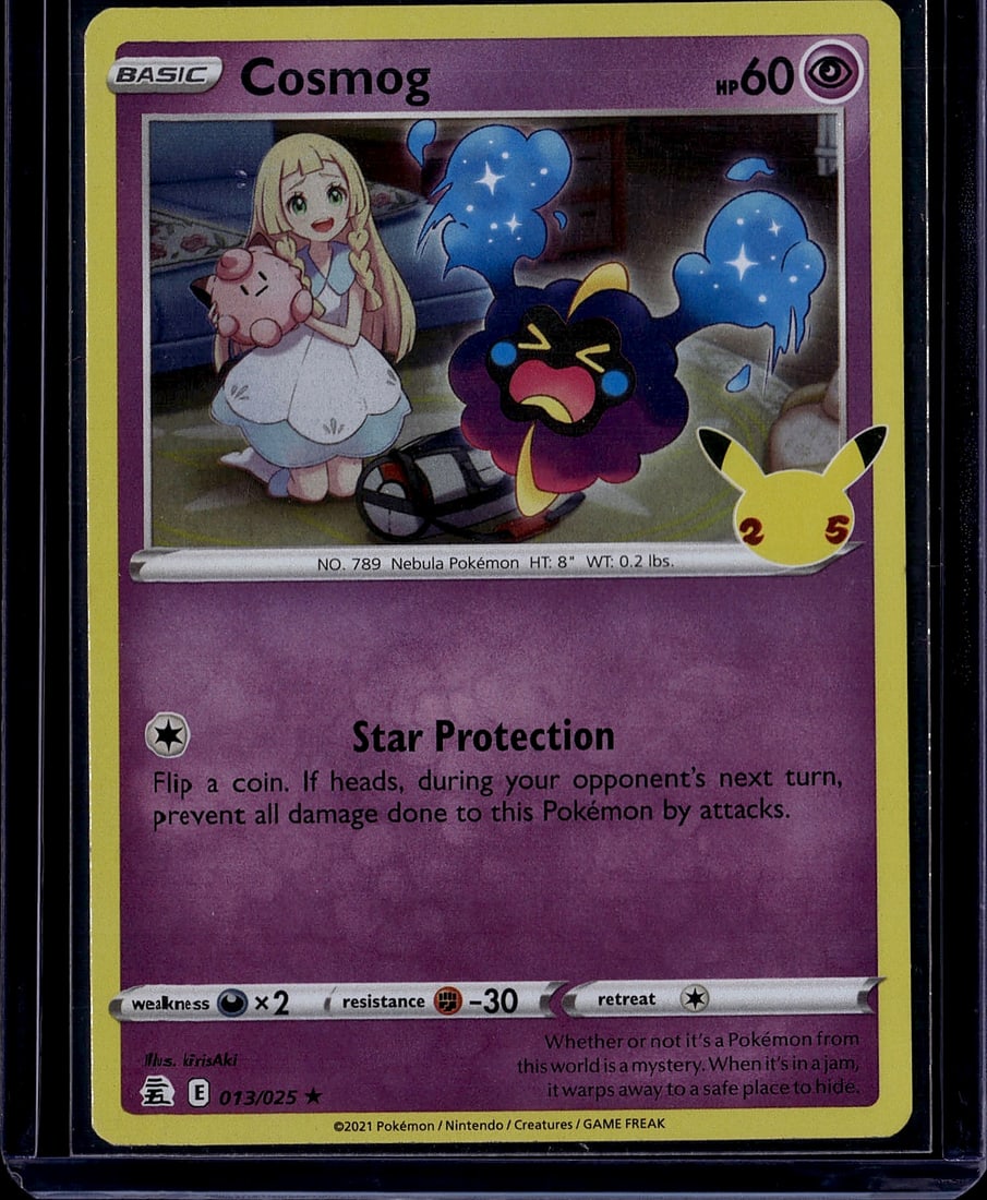 2021 Pokemon Evolving Skies Cosmog #013/025 Rare: This is a 2021 Pokemon Trading Card Game card featuring Cosmog, the Nebula Pokemon (No. 789). The card is from the Evolving Skies set and displays the card number 013/025, indicating it is a secret ra