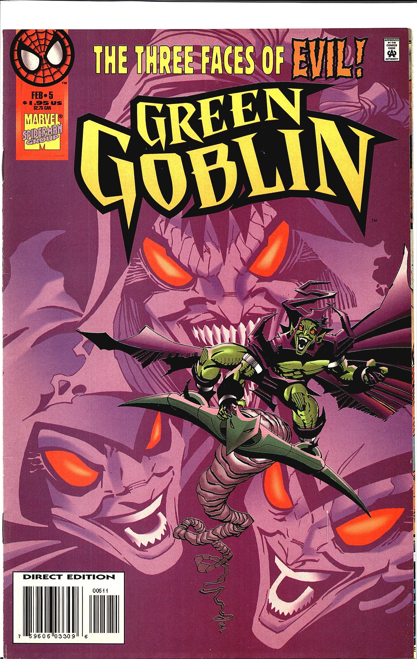 1996 Marvel Green Goblin Comic Card #5 Collectibl: Green Goblin #5, published by Marvel Comics in February 1996, titled 'The Three Faces of Evil!' This issue is part of Marvel's Spider-Man Group line and features the Green Goblin prominently on the co
