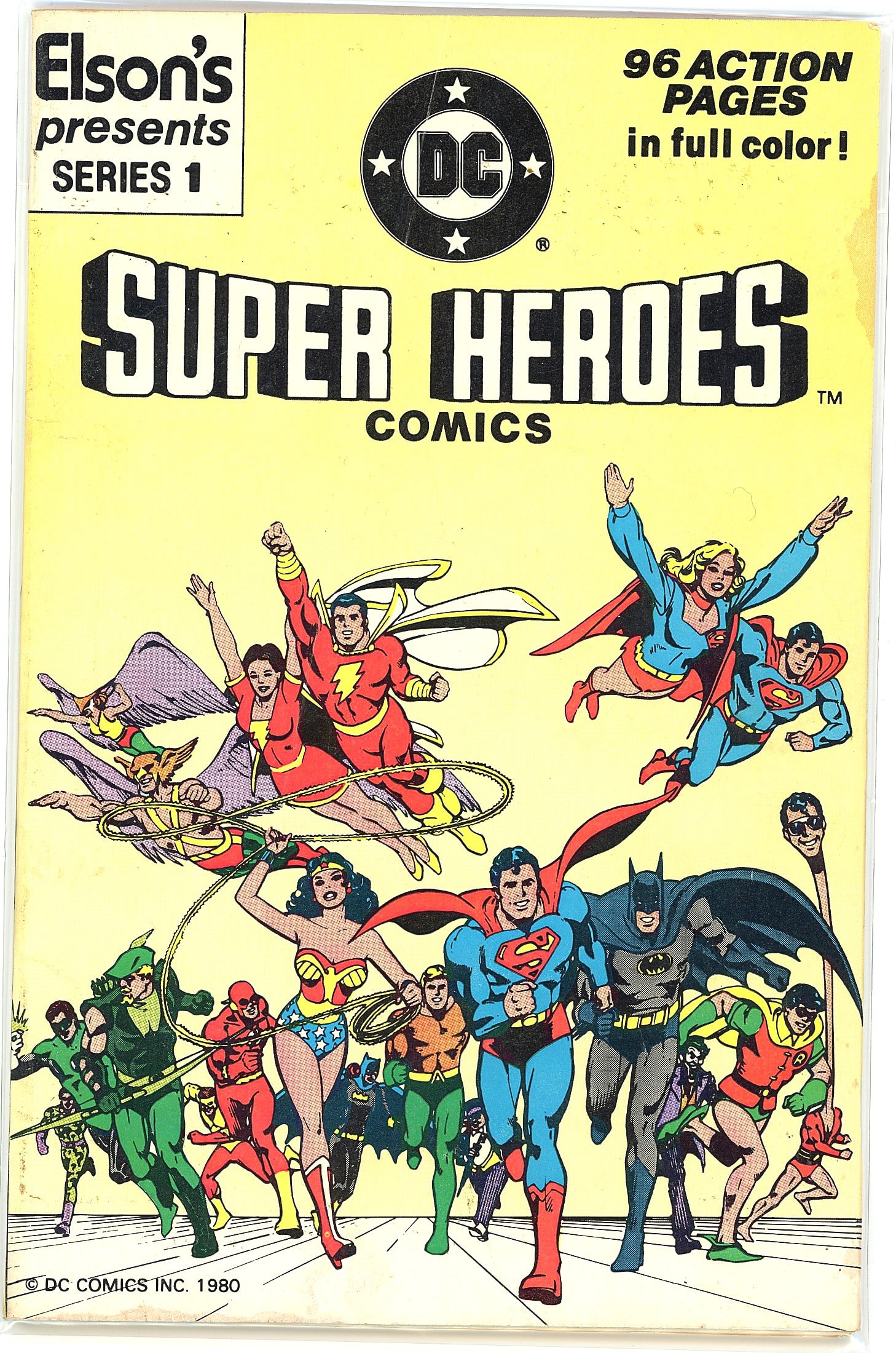 1981 DC Elson's Presents DC Super Heroes Comics S: This is a 1980 DC Comics publication titled 'DC Super Heroes Comics,' part of Elson's Presents Series 1. The cover features a large ensemble of DC's most iconic characters including Superman, Batman, 