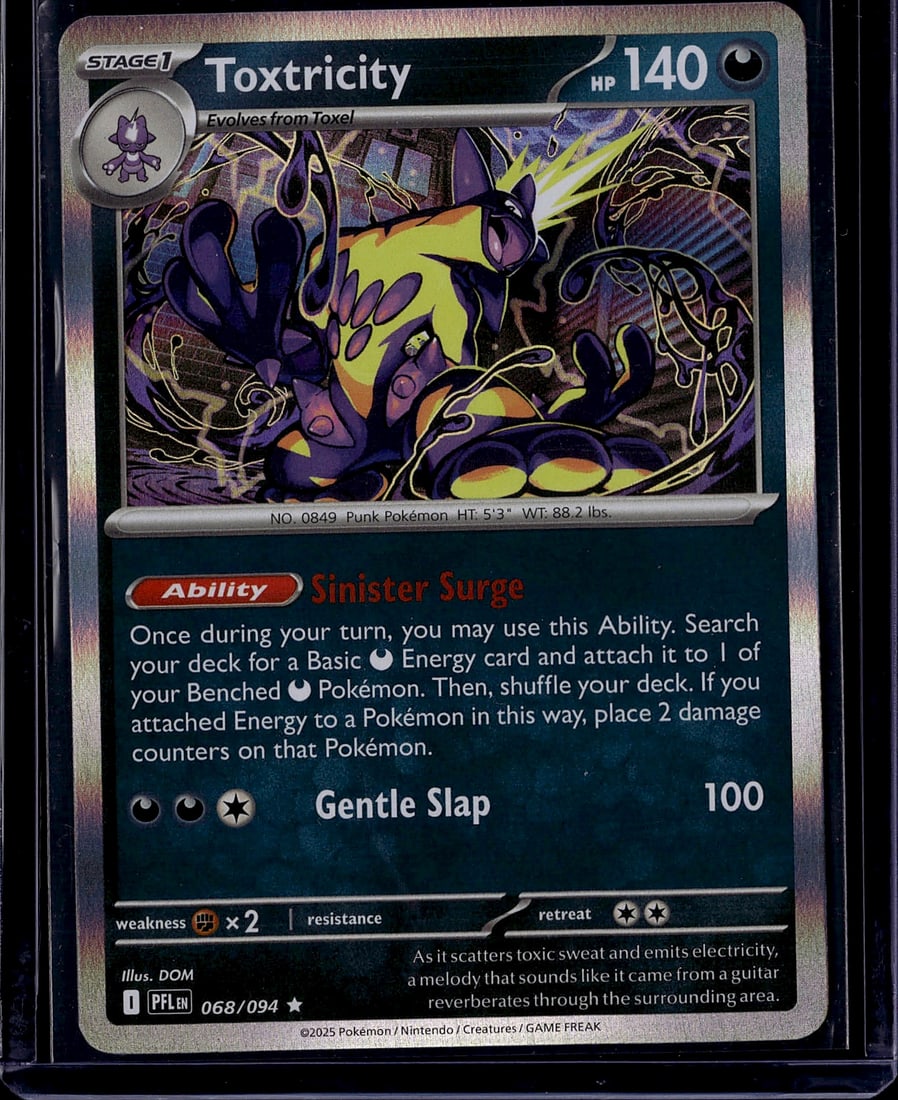 2025 Pokemon Toxtricity 068/094 Stage 1 Punk 140H: This is a raw, ungraded Pokemon Toxtricity card from the 2025 Scarlet & Violet set, card number 068/094. Toxtricity is a Stage 1 Poison-type Punk Pokemon with 140 HP that evolves from Toxel. The card 