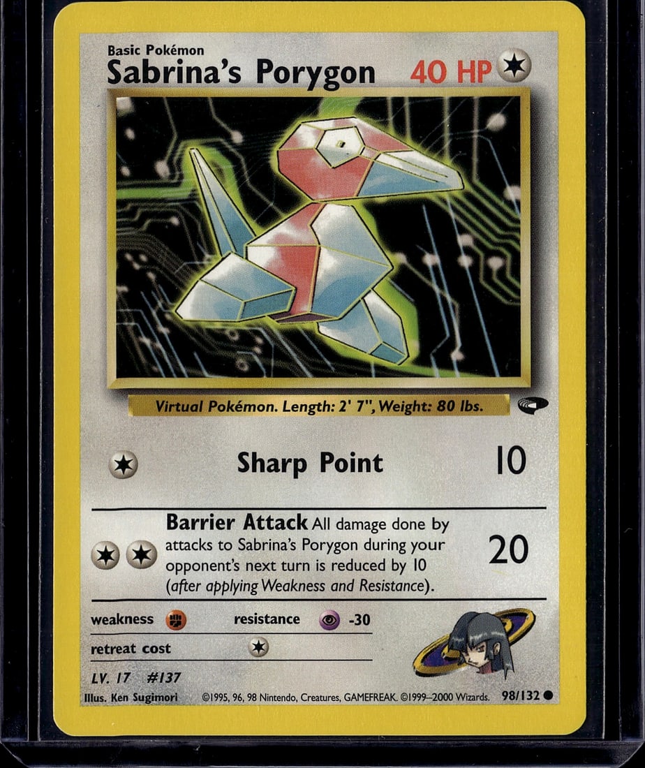 Sabrina's Porygon 98/132 Gym Heroes Pokemon Singl: This is a raw Sabrina's Porygon card from the Gym Heroes set (98/132), published by Wizards of the Coast in 2000. The card features the iconic Porygon artwork by Ken Sugimori with vibrant colors and e