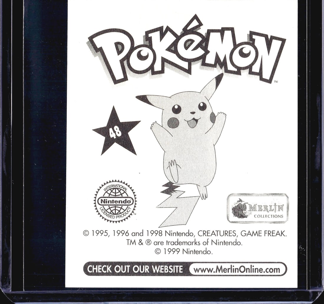 1999 Topps Merlin Pokemon Sticker Collection Seri: This is sticker #48 from the 1999 Merlin Pokemon Sticker Collection, an officially licensed Nintendo product produced by Merlin Collections. The front features Venonat set against a purple and blue bo