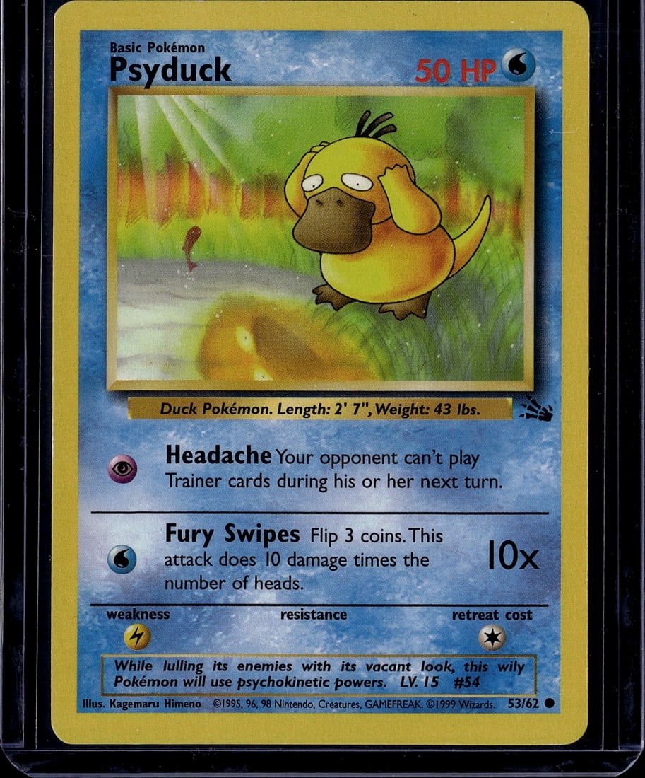 1999 Pokemon Base Set Psyduck #53/62 - Raw Card: This is an authentic 1999 Pokemon Base Set Psyduck card numbered 53/62. As a Basic Pokemon with 50 HP and a Psychic-type, this card features two attacks: Headache and Fury Swipes. The card showcases t