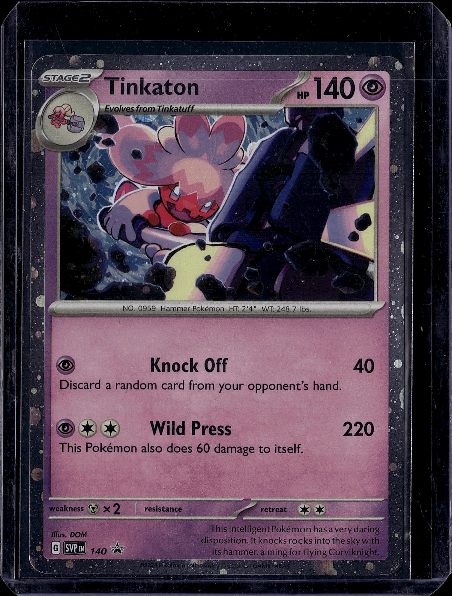Tinkaton 140 HP Stage 2 Pokemon TCG Scarlet Viole: This is a raw Tinkaton Pokemon Trading Card from the Scarlet & Violet set, featuring card #0959. Tinkaton is a Stage 2 Metal-type Pokemon with 140 HP that evolves from Tinkatuff. The card showcases ex