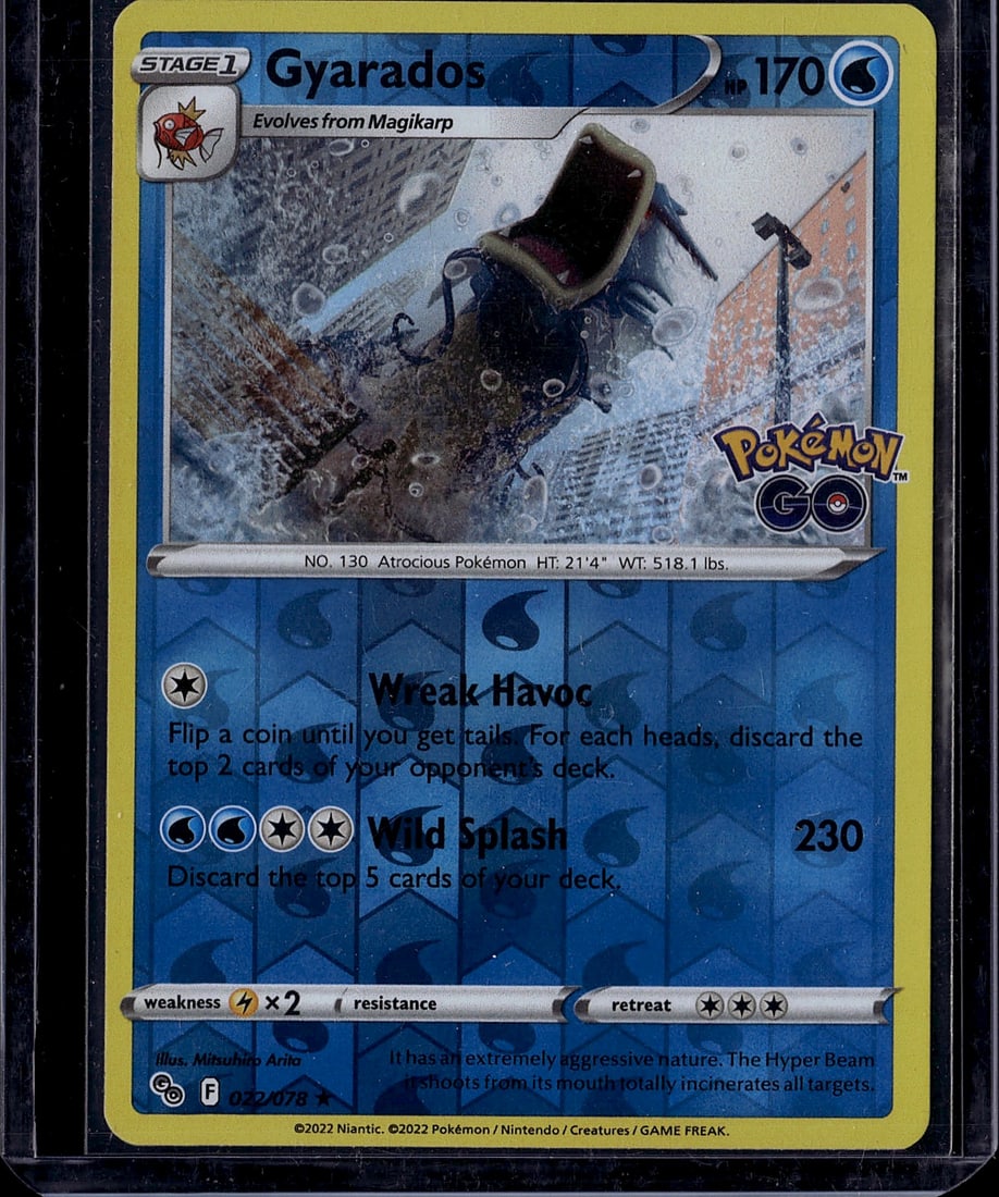 Gyarados #130 Pokemon GO 2022 Stage 1 Water Type: This is a raw Gyarados Pokemon card from the 2022 Pokemon GO set. Card #130 features the iconic Atrocious Pokemon with 170 HP in Stage 1 evolution form, evolving from Magikarp. The card displays excel
