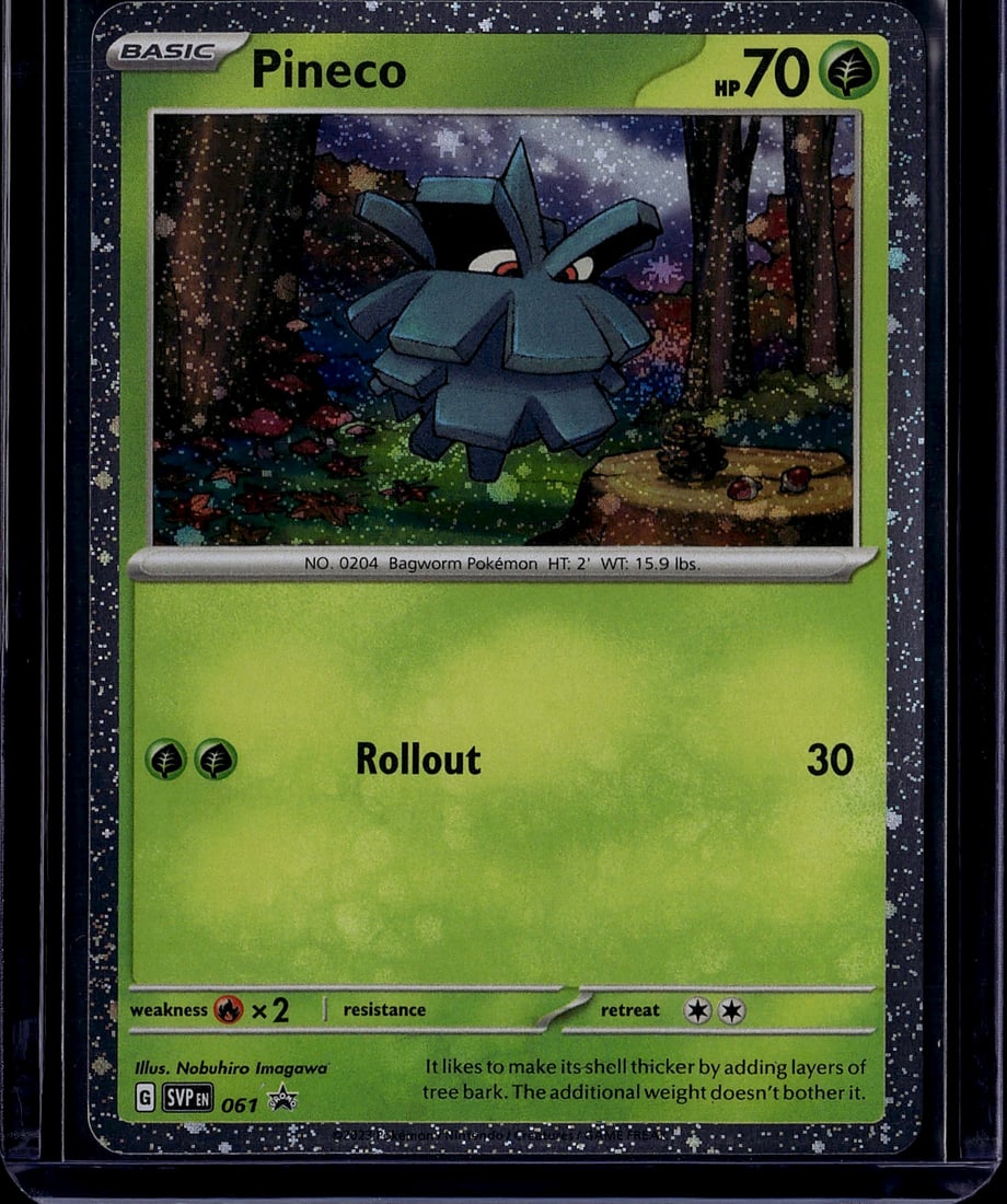 2023 Pokemon Scarlet Violet Black Star Promo Pine: Pineco SVP 061 is a Grass-type Basic Pokemon promo card with 70 HP, released on November 3, 2023 as part of the Scarlet & Violet Black Star Promos series. It was distributed inside Paradox Rift Single