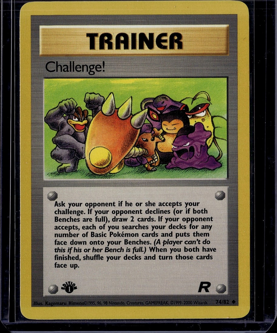 2000 Wizards of the Coast Team Rocket Challenge 7: Challenge! is an Uncommon Trainer card from the Pokemon Team Rocket expansion, released in April 2000. The card's effect allows a player to challenge their opponent to bench additional Basic Pokemon; 