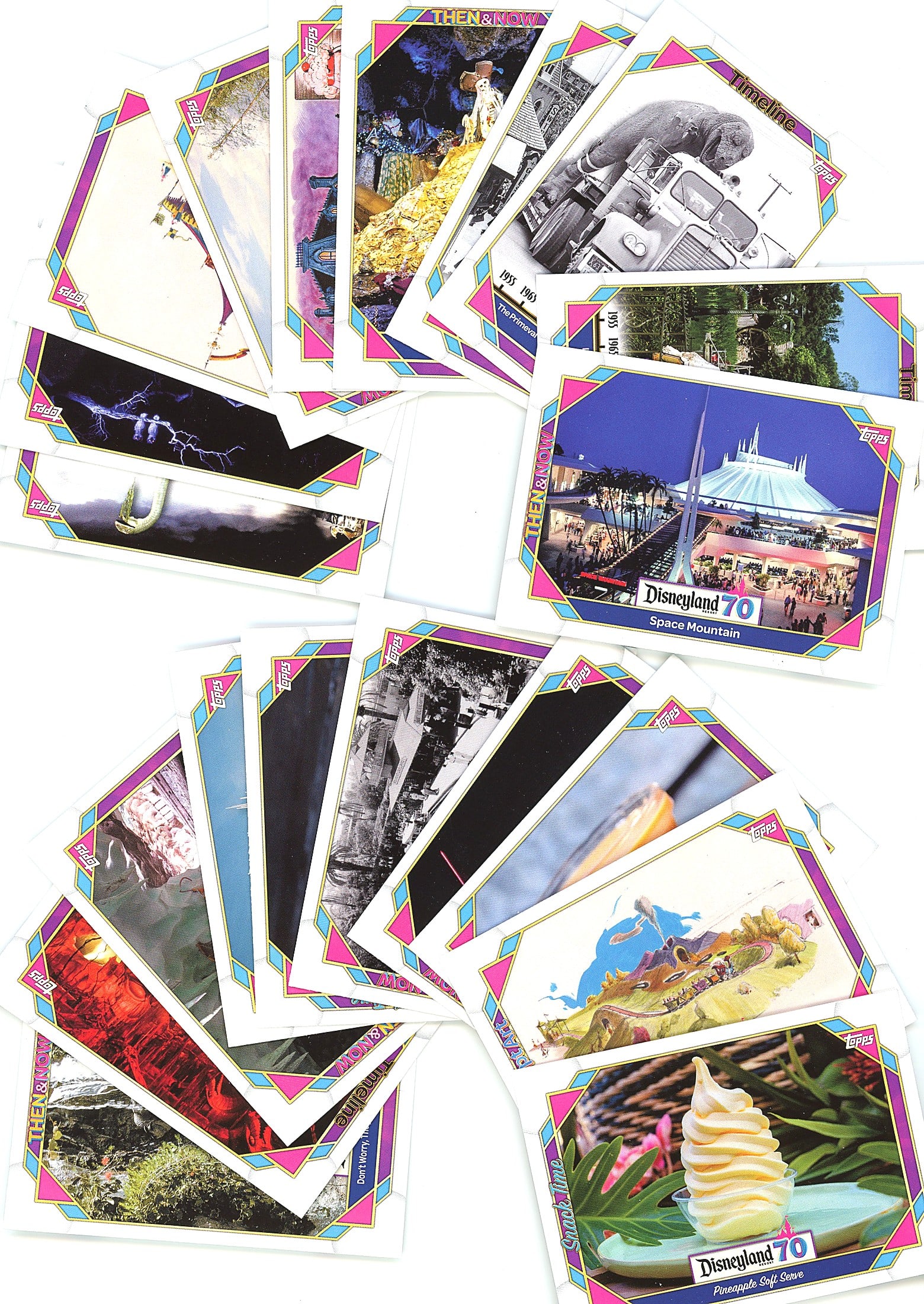 25+ Card Lot Vintage Pokemon Trading Cards Topps: This lot contains approximately 25-30 modern Pokemon trading cards from Topps, featuring imagery from Pokemon parks, attractions, and characters. The cards display the distinctive Topps design with co