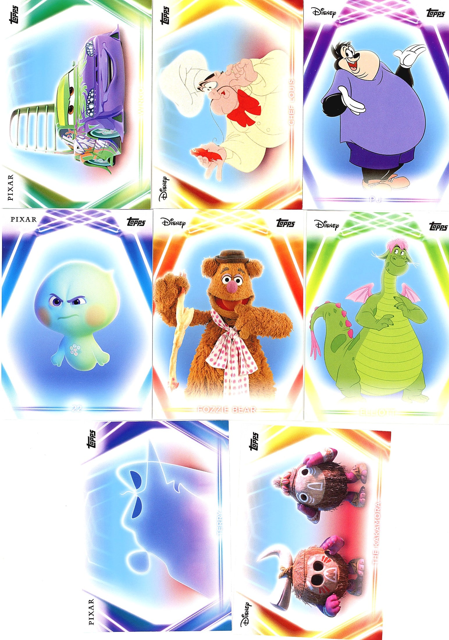 8-Card Lot Modern Disney Trading Cards TCG Charac: This lot contains 8 modern Disney character trading cards from Topps, featuring a diverse mix of animated and classic characters across multiple franchises. The cards showcase vibrant artwork with col