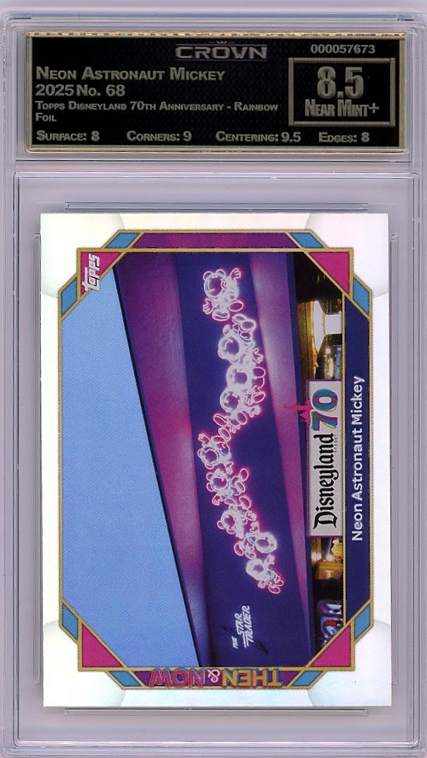 2025 Neon Astronaut Mickey Topps Disneyland 70th: Secure this 2025 Neon Astronaut Mickey Topps Disneyland 70th Anniversary Rainbow Foil #68 Crown 8.50 grade card, a standout piece from the highly collectible Disneyland 70th Anniversary set that celeb