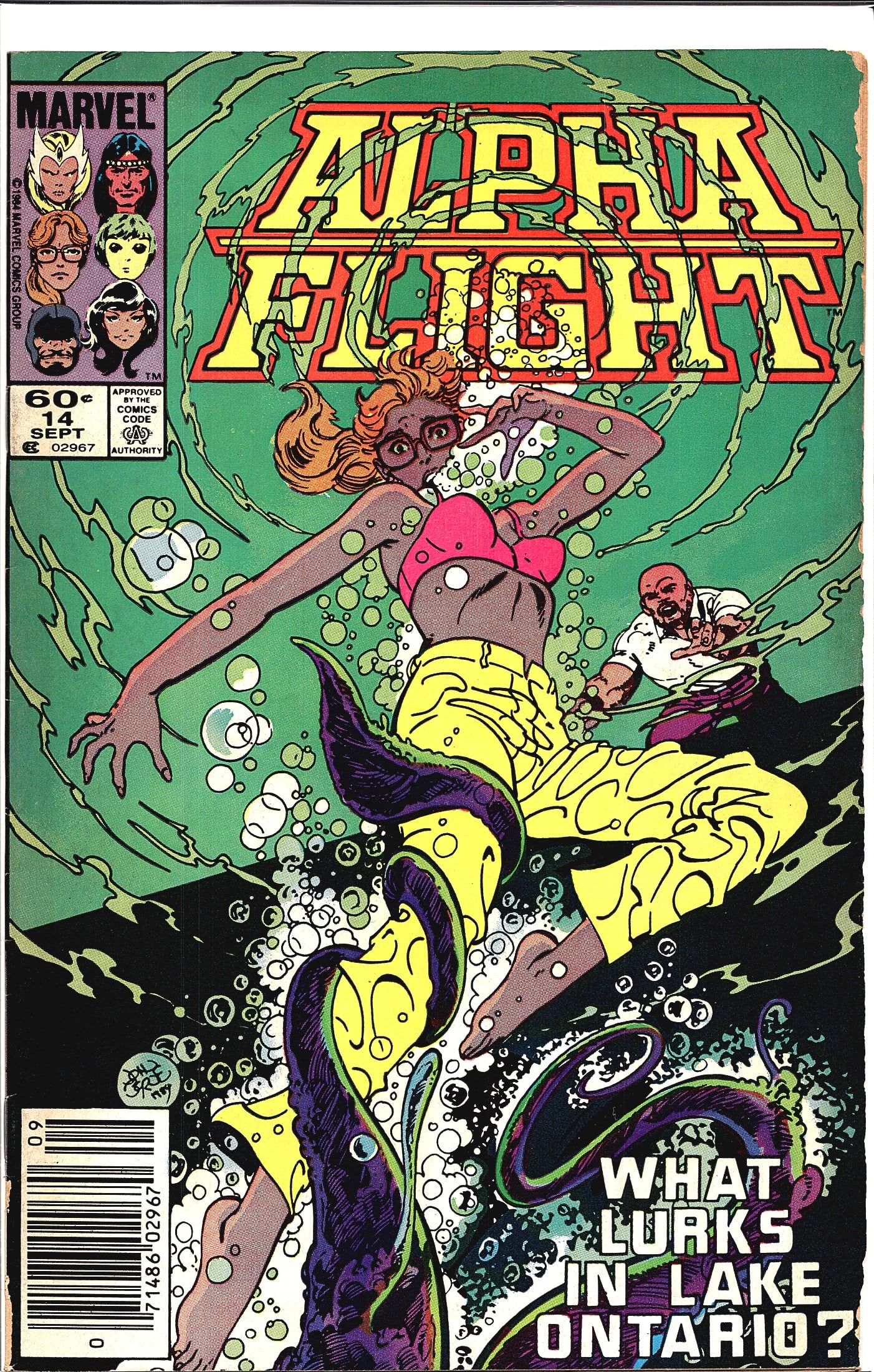 Marvel Alpha Flight 1984 #14 Newsstand Edition Co: This is Marvel Comics' Alpha Flight issue #14, cover dated September 1984, priced at 60 cents. The cover art features a dramatic underwater scene with a female character in a pink top and yellow outfi