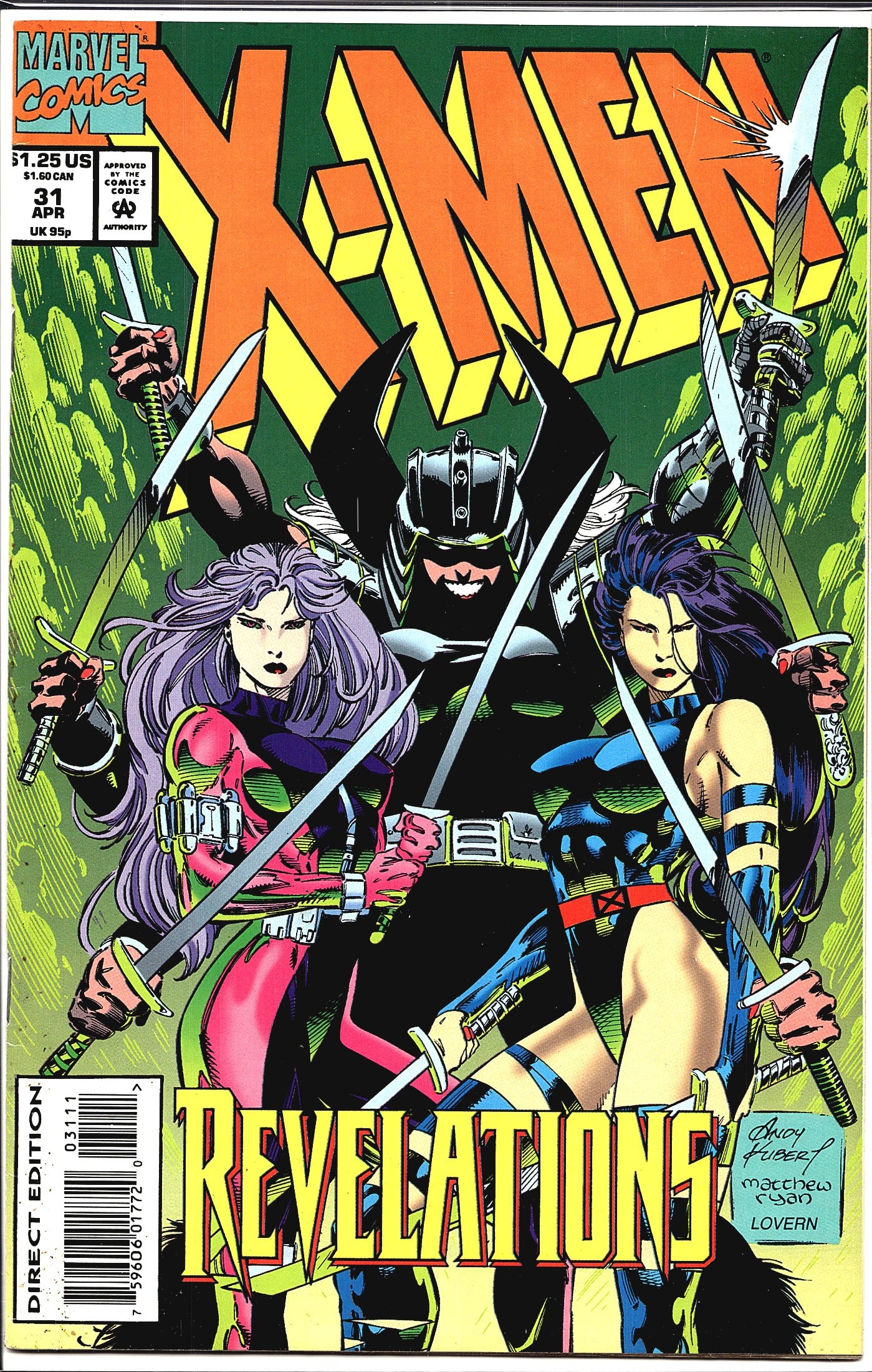 1994 Marvel Comics X-Men #31 Direct Edition Comic: This is X-Men #31 (April 1994) published by Marvel Comics, titled 'Revelations.' The cover art is by Andy Kubert with inks by Matthew Ryan and colors by Lovern, as credited on the cover. The Direct Ed