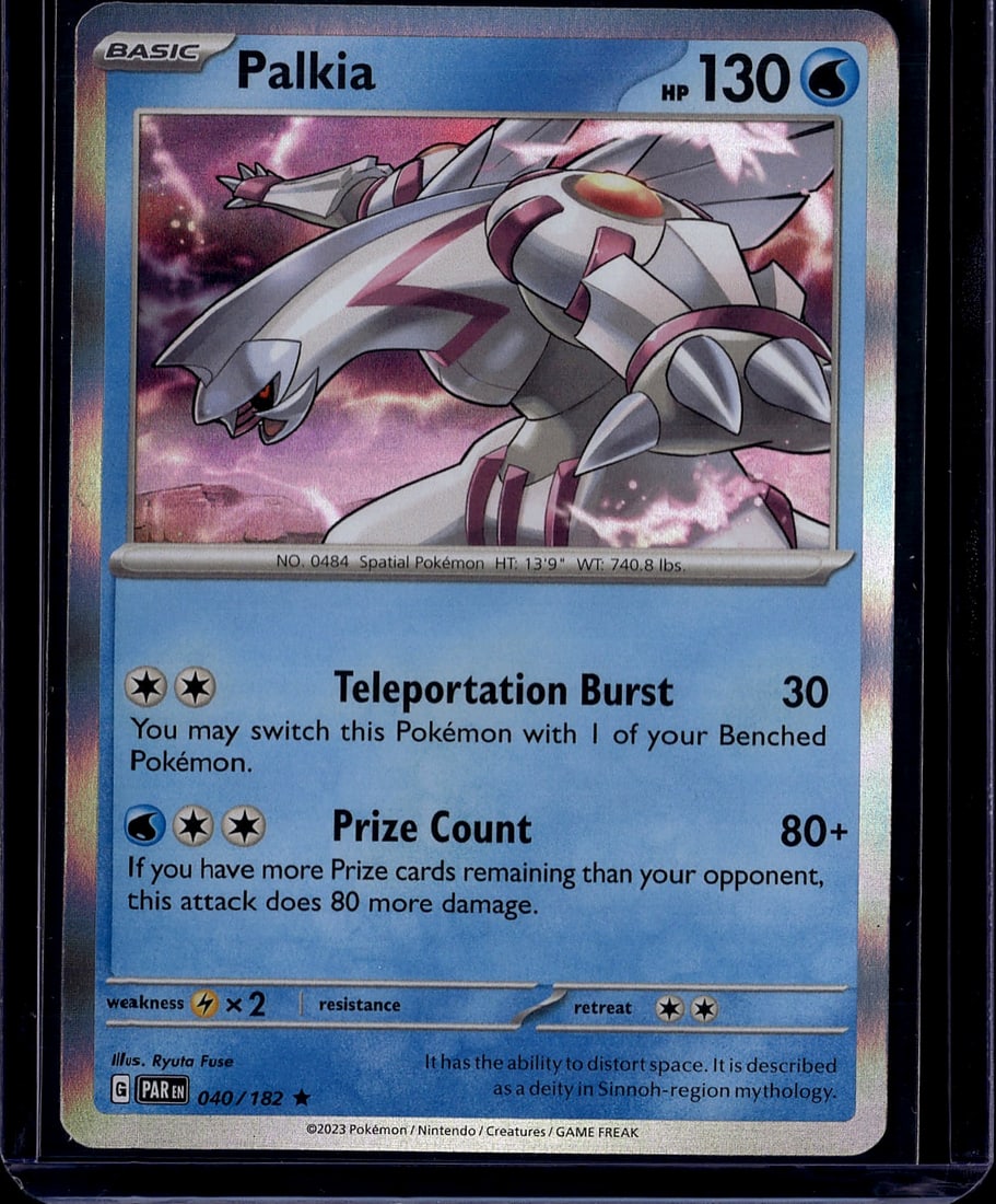 2023 Pokemon Scarlet Violet Paradox Rift Palkia 0: Palkia 040/182 is a Water-type Rare card from the Scarlet & Violet: Paradox Rift expansion (SV04), released November 3, 2023. It features two attacks: Teleportation Burst and Prize Count. The card is