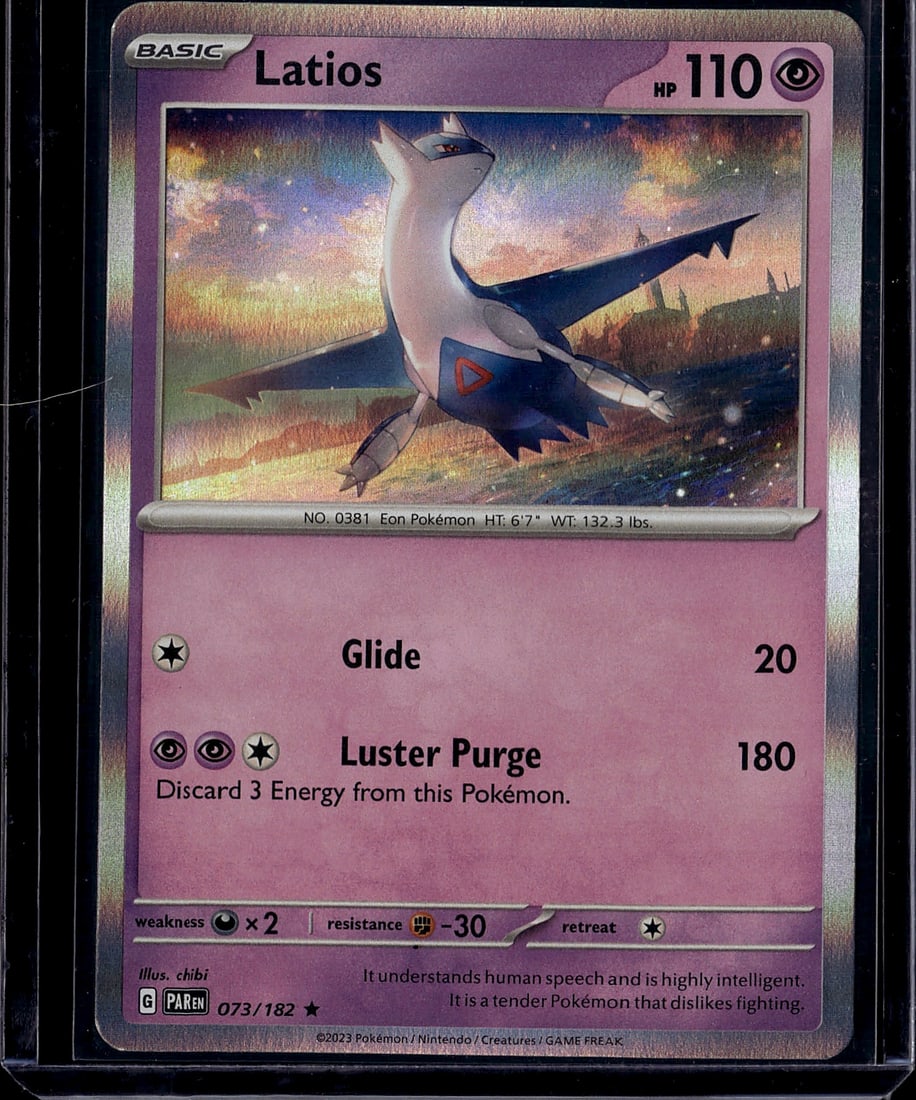 Latios 073/182 Pokemon Scarlet Violet Single Card: This is a raw Latios Pokemon single card from the Scarlet & Violet set, card number 073/182. Latios is a legendary Psychic-type Eon Pokemon (No. 0381) standing 6'7" tall and weighing 132.3 lbs. The ca