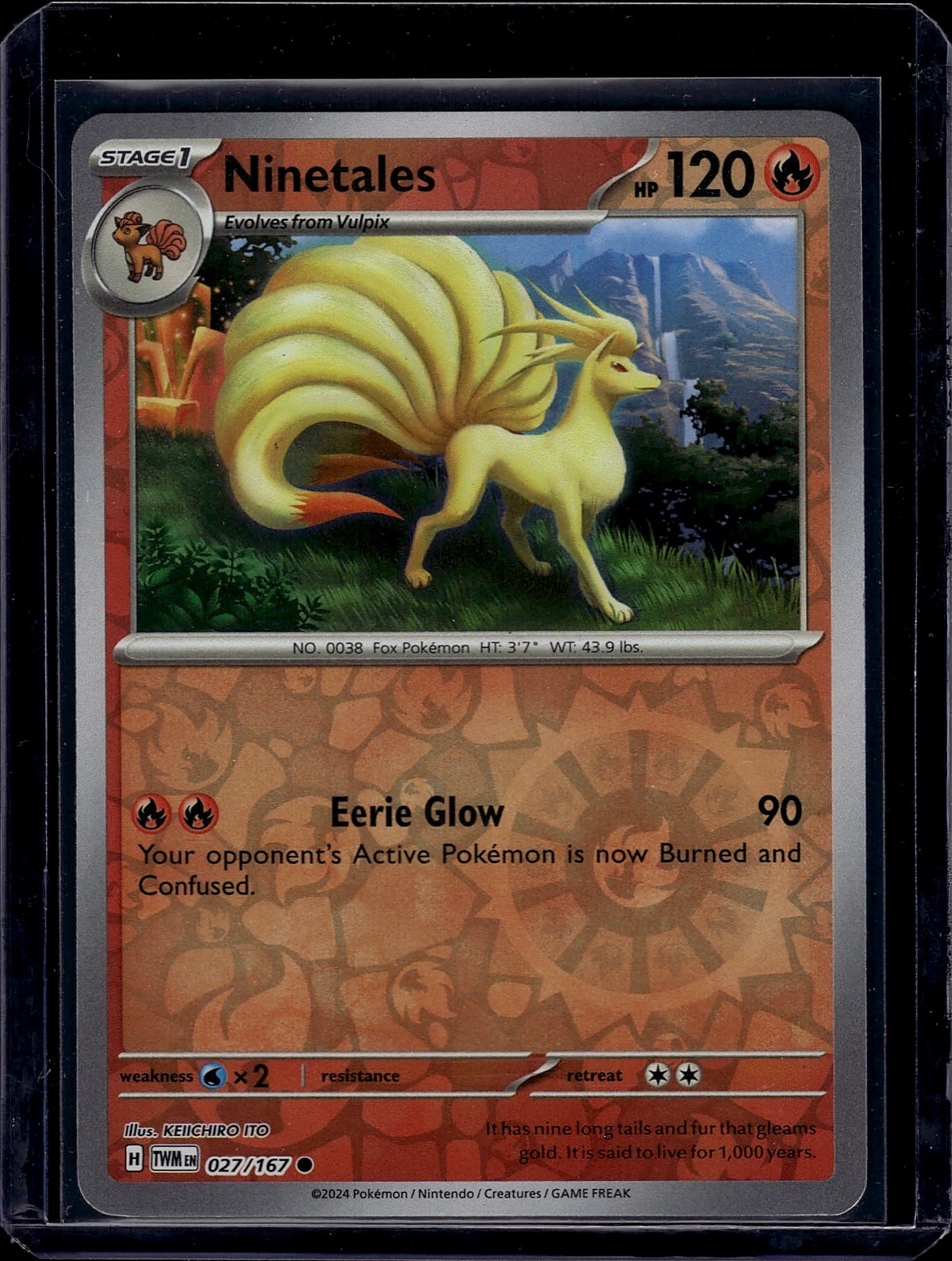 Ninetales 027/167 Scarlet & Violet Pokemon Card S: This is a raw Ninetales Pokemon card (No. 0038) from the Scarlet & Violet set, card number 027/167. The card features the iconic fire-type Fox Pokemon with its nine distinctive golden tails in a lush 