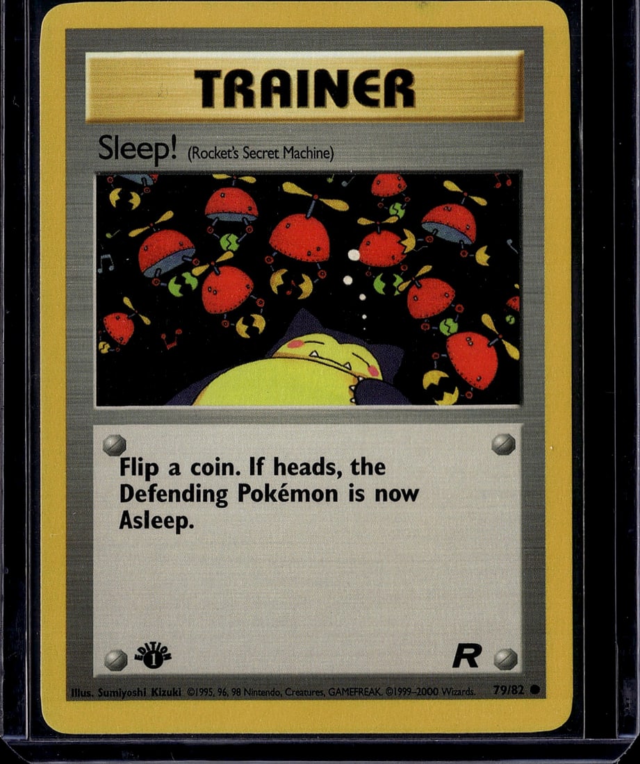 Sleep! Rocket's Secret Machine Gym Heroes 79/82 P: This is an authentic Sleep! (Rocket's Secret Machine) Trainer card from the Gym Heroes set, card #79/82. As a vintage Pokemon TCG single from 1999, this piece represents early-era Pokemon
