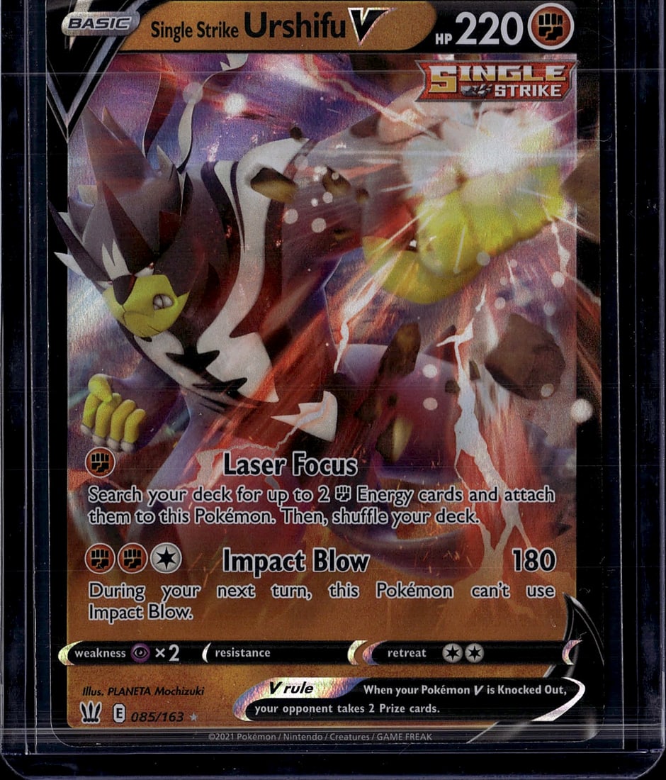 2021 Pokemon Battle Styles Urshifu 085/163 Near M: This is a Single Strike Urshifu V Pokemon card from the 2021 Pokemon Trading Card Game release. Card number 085/163 features the powerful Fighting-type Pokemon in its Single Strike form with 220 HP. T