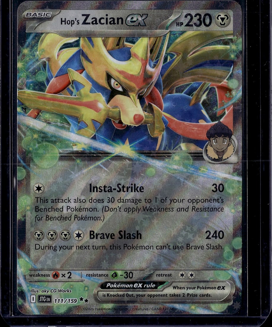 Hop's Zacian EX 111/159 Pokemon Sword & Shield Si: This is a raw Hop's Zacian EX Pokemon card from the Sword & Shield set, card number 111/159. The card features the iconic Zacian Pokemon with Hop as the trainer, illustrated by aky CG Works. It is a B