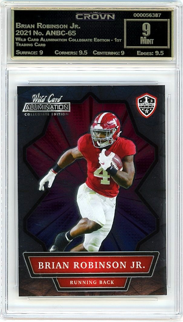 2021 Brian Robinson Jr. Wild Card Alumination ANB: This is a 2021 Brian Robinson Jr. rookie card from the Wild Card Alumination Collegiate Edition 1st Trading Card set, card number ANBC-65. This is the inaugural trading card release for Robinson from 