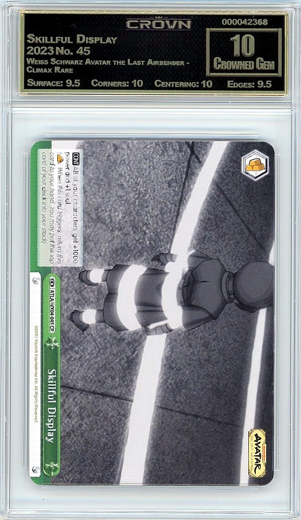 2023 Skillful Display Weiss Schwarz Avatar the La: Graded by Crown Grading. Grade: 10.00. Crowned Gem