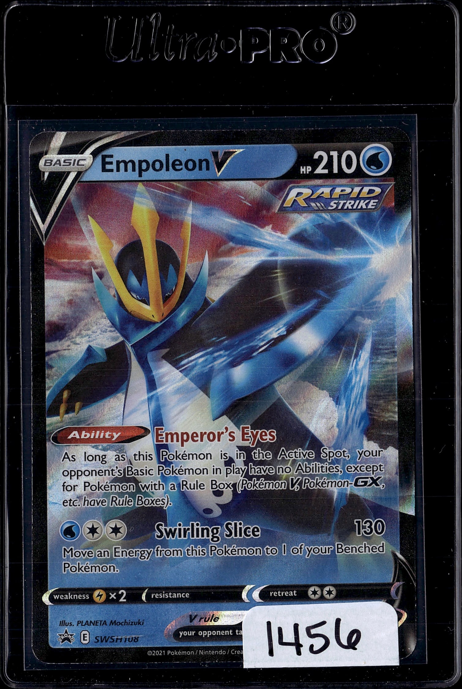 Empoleon V Rapid Strike 210 HP Pokemon Card SWS11: This is a raw Empoleon V Pokemon trading card from the Sword & Shield set, released in 2021. The card features the Water-type Pokemon Empoleon in its V form with 210 HP and Rapid Strike mechanics.