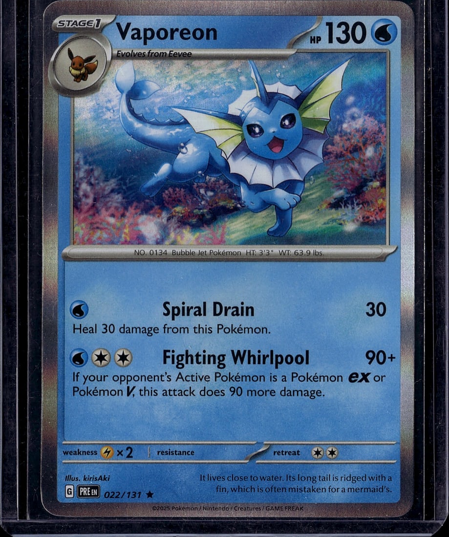 Vaporeon 022/131 Pokemon Scarlet Violet Stage 1 W: This is a raw Vaporeon Pokemon card (No. 0134) from the Scarlet & Violet set, card number 022/131. It features beautiful artwork of the Water-type Bubble Jet Pokemon in its natural habitat near water 