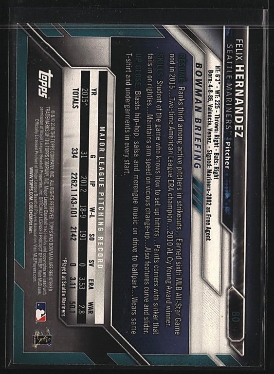 2016 Bowman Bowman #23 Felix Hernandez Baseball C: This 2016 Bowman #23 Felix Hernandez baseball card is in Mint condition. The card features the legendary Seattle Mariners pitcher during his career with the team. Bowman cards from this era remain pop