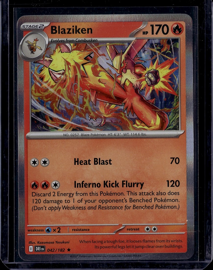 Blaziken 042/182 Brilliant Stars Pokemon Card Sta: This is a raw Blaziken Stage 2 Pokemon card from the Brilliant Stars set (card #042/182). Blaziken is a Fire-type Blaze Pokemon that evolves from Combusken, featuring 170 HP. The card showcases