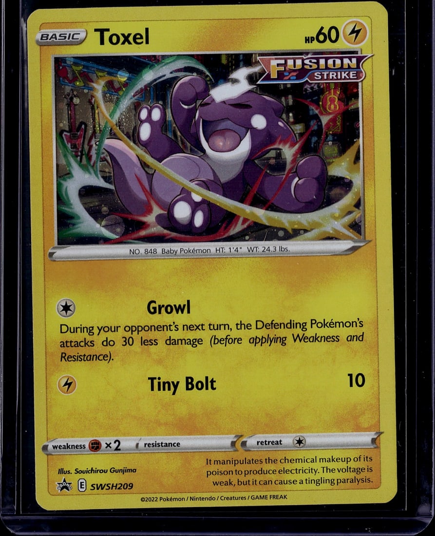 2022 Pokemon TCG Sword & Shield Black Star Promos: This is a raw Toxel Basic Pokemon card from the 2022 Fusion Strike expansion set. Card number SWSH209 features the baby Pokemon in its characteristic purple and white coloring with electric-type desig