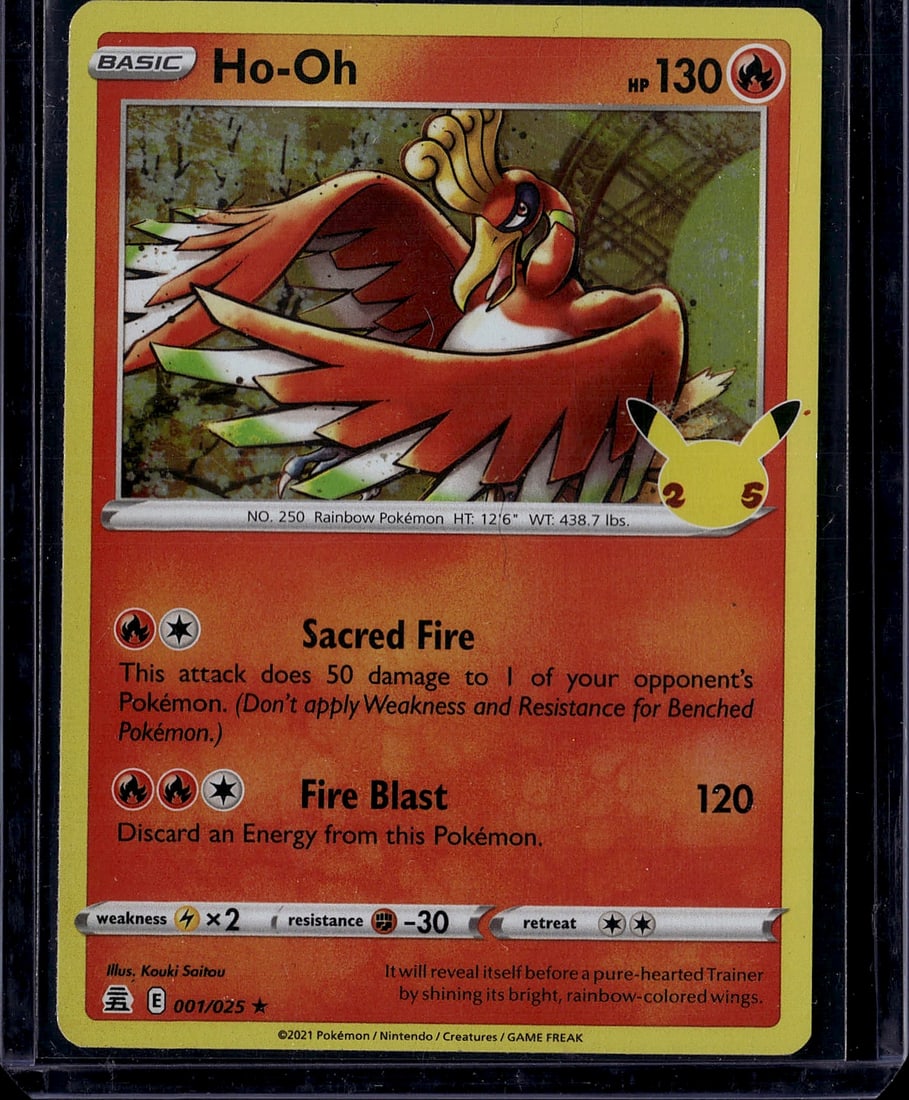 Ho-Oh 001/025 Shining Fates Pokemon Card 2021 Rai: This is a Ho-Oh Pokemon single card from the 2021 Shining Fates set, card number 001/025. Ho-Oh is a legendary Fire/Flying-type Pokemon featuring the iconic rainbow coloring that defines the Shining F