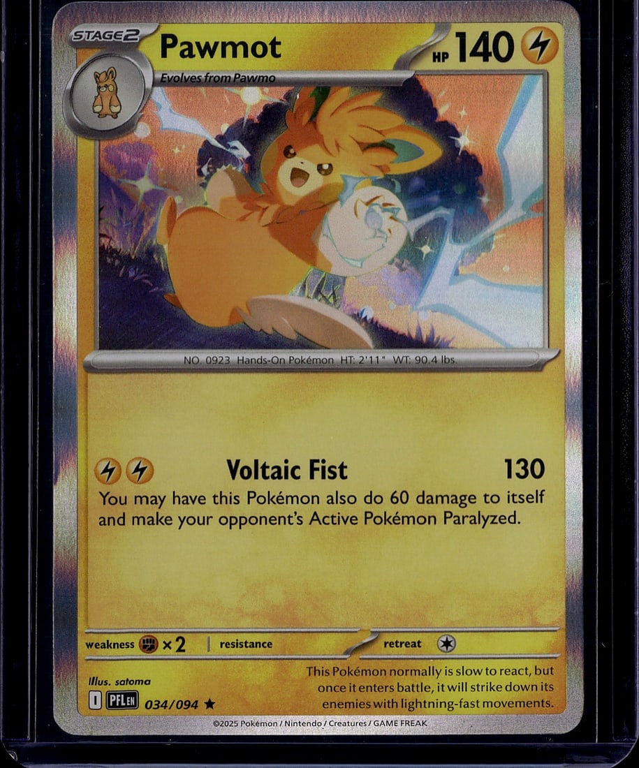 2025 Pokemon Scarlet Violet Pawmot Stage 2 Card 0: This is a 2025 Pokemon Trading Card Game Scarlet & Violet set Pawmot Stage 2 Pokemon card, card number 034/094. Pawmot is a Lightning-type Pokemon that evolves from Pawmo, featuring impressive artwork