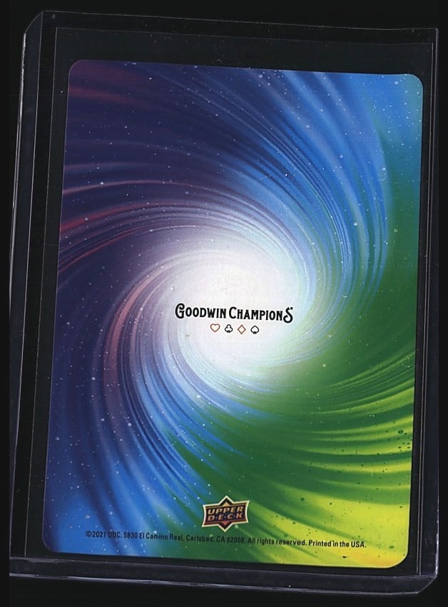 2021 Upper Deck Goodwin Champions #3 Giraphiti Sp: Raw single card featuring Raquan Mack from the Upper Deck Goodwin Champions set. The card displays vibrant rainbow foil with a colorful gradient background and the subject prominently featured. This i