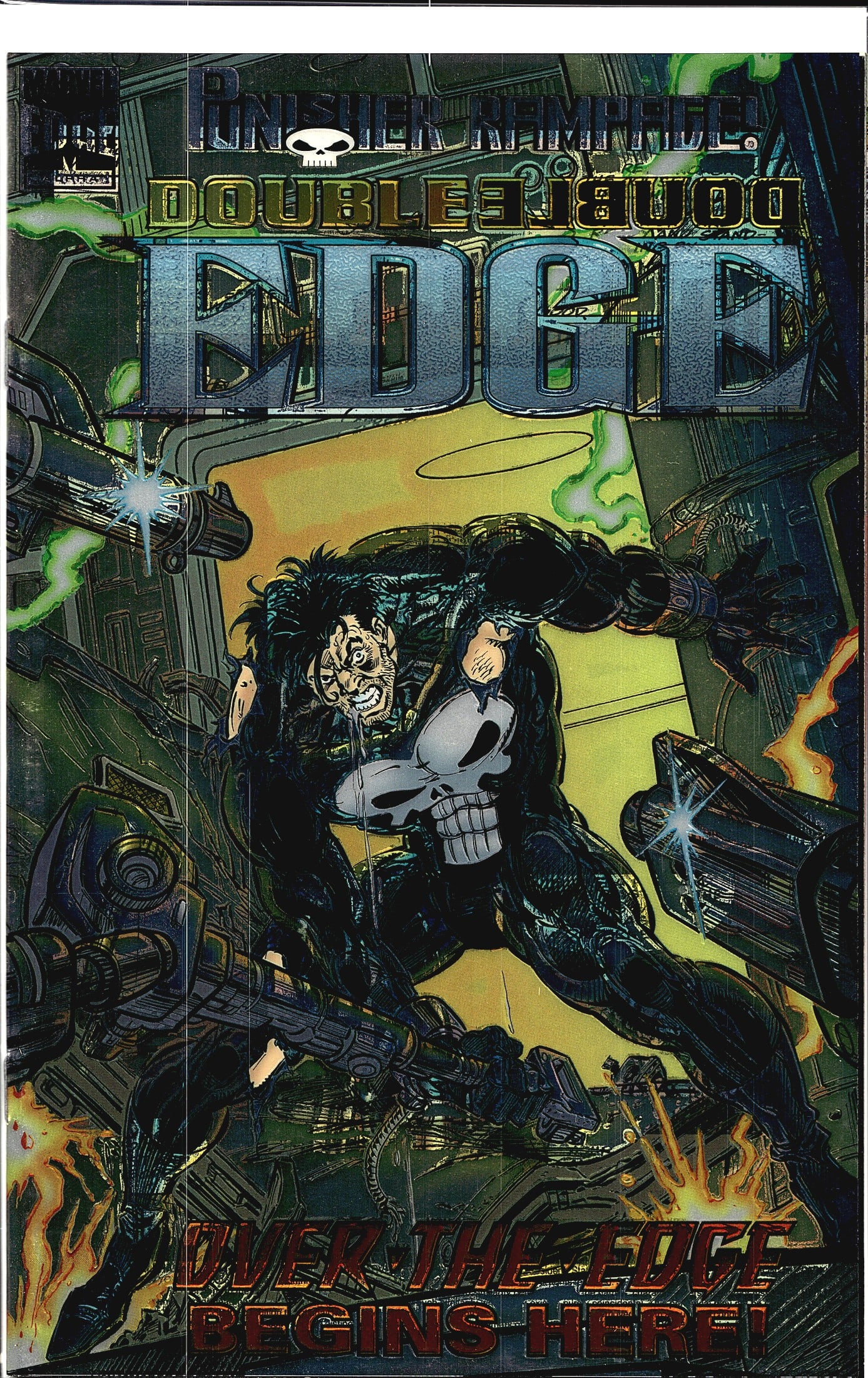 1995 Marvel Double Edge Alpha #1 Punisher Rampage: This is a Marvel Comics issue featuring Punisher Rampage: Double Edge, with the tagline 'Over the Edge Begins Here!' prominently displayed on the cover. The cover art depicts the Punisher, identifiabl