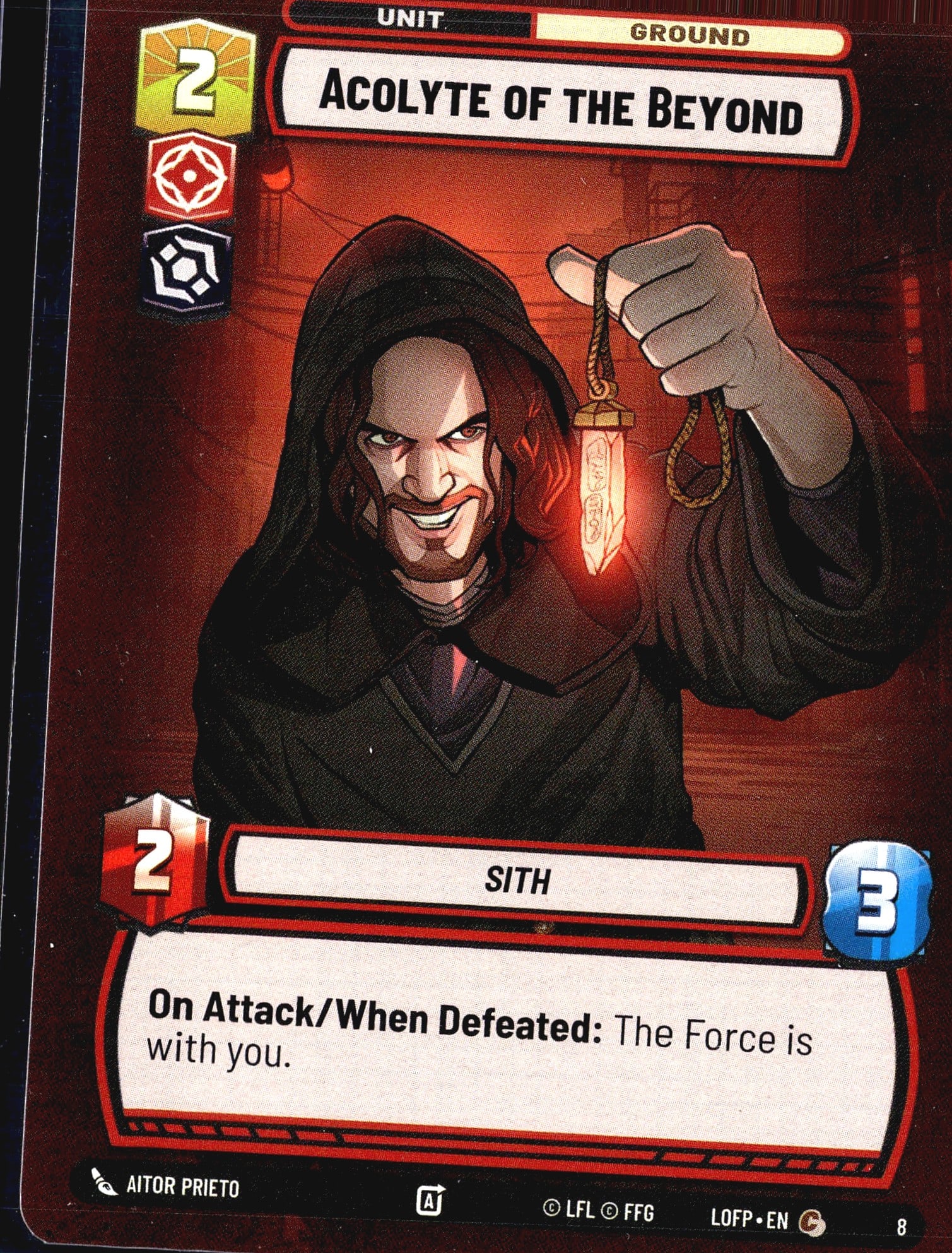 2024 FFG Legends of the Force Acolyte of the Beyo: This listing is for the Acolyte of the Beyond unit card (#8) from the Star Wars Unlimited trading card game, set Legends of the Force (LOFP). It is a Ground unit with a cost of 2, featuring 2 power