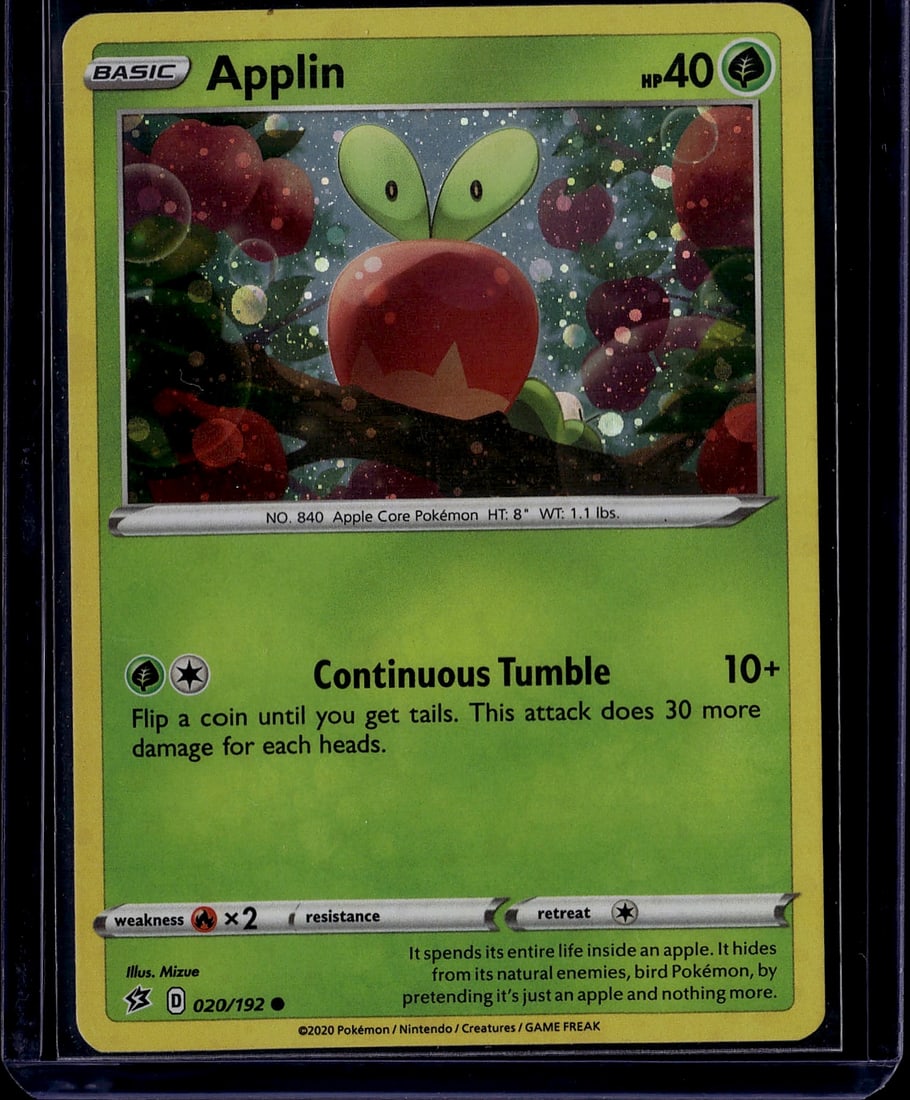 2020 Pokemon Sword Shield Rebel Clash Applin 020/: Applin is a Basic Grass-type Pokemon card with 40 HP, numbered 020/192, from the Sword & Shield: Rebel Clash set released in 2020. It is a Common rarity card featuring the single attack Continuous Tum