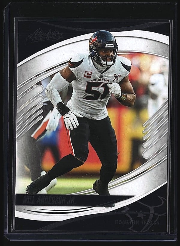 2025 Panini Absolute Football Will Anderson Jr. #: 2025 Panini Absolute Football Will Anderson Jr. #24 raw single card. Features the defensive end in white jersey uniform. Card displays excellent centering and sharp corners typical of fresh pack