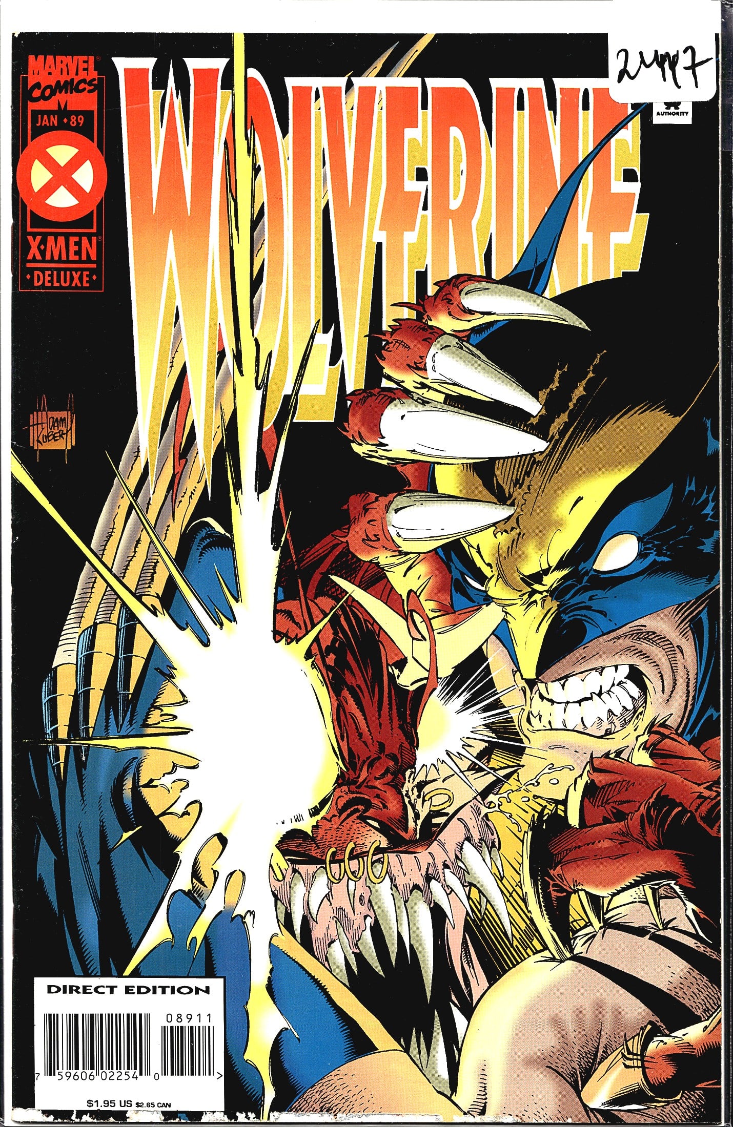 1994 Marvel Wolverine Vol. 2 #89 Comic Book: This is Wolverine #89 from Marvel Comics, dated January 1989, part of the X-Men Deluxe line. The cover is illustrated by Adam Kubert, depicting an intense close-up action scene of Wolverine with his