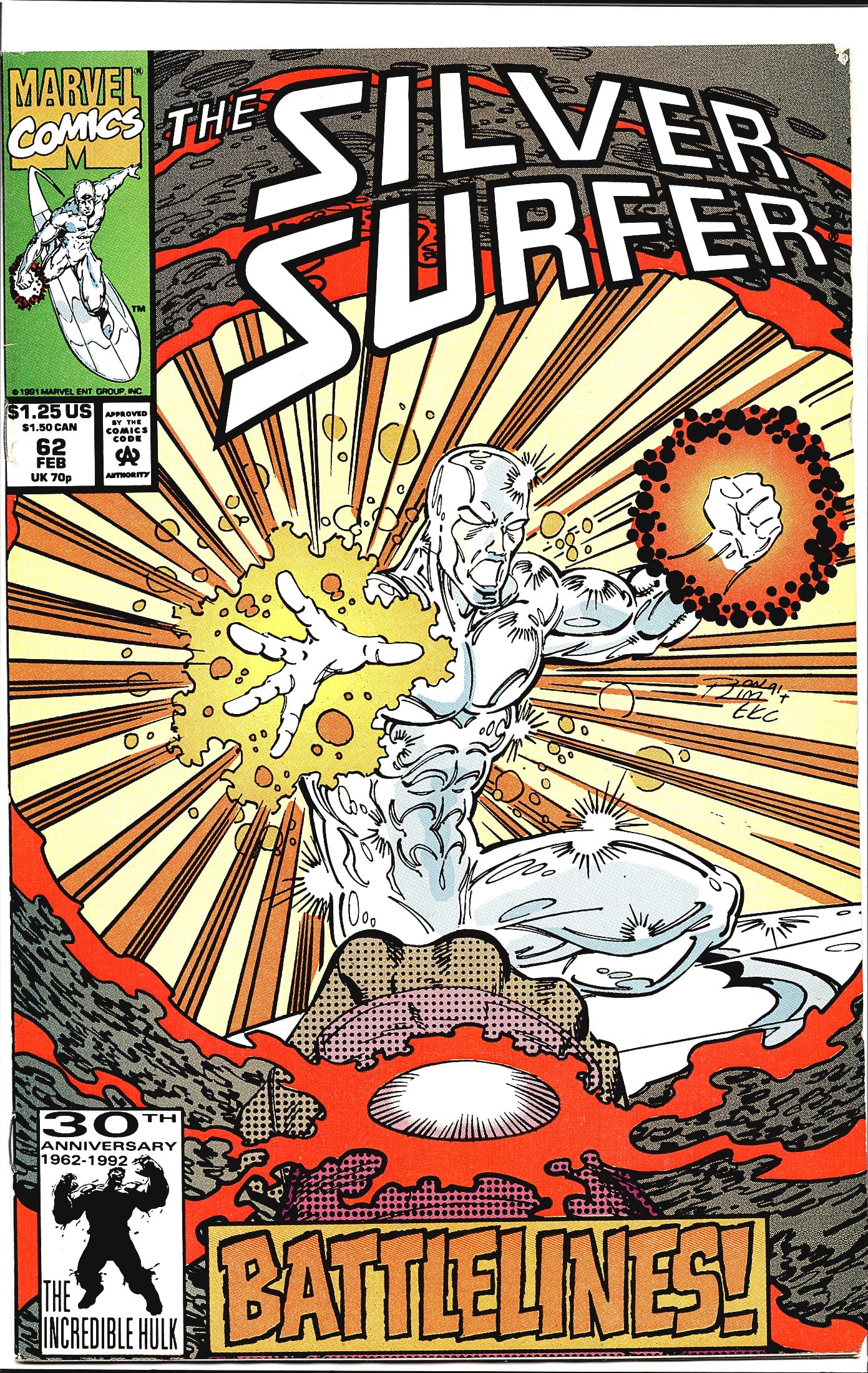 1991 Marvel Silver Surfer Vol. 3 #62 Comic Book: This is The Silver Surfer #62 published by Marvel Comics, cover dated February 1992, priced at $1.25 US / $1.50 CAN / 70p UK. The issue is titled 'Battlelines!' as printed on the cover. The cover art