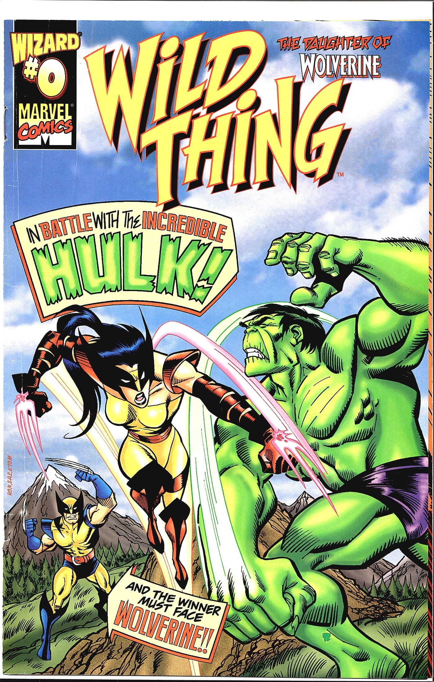 1999 Marvel Comics Wild Thing #0 Wizard Promo Com: Wild Thing #0 is a Marvel Comics Wizard promotional issue featuring Wild Thing, the Daughter of Wolverine, in battle with the Incredible Hulk. The cover art by Ron Lim depicts Wild Thing slashing at t