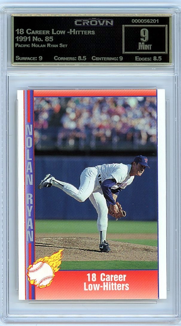 1991 Pacific Nolan Ryan #85 18 Career Low-Hitters: This is a 1991 Pacific Nolan Ryan Set card #85 featuring the "18 Career Low-Hitters" subset. A standout piece from one of the most celebrated baseball card sets of the early 1990s, this card captures