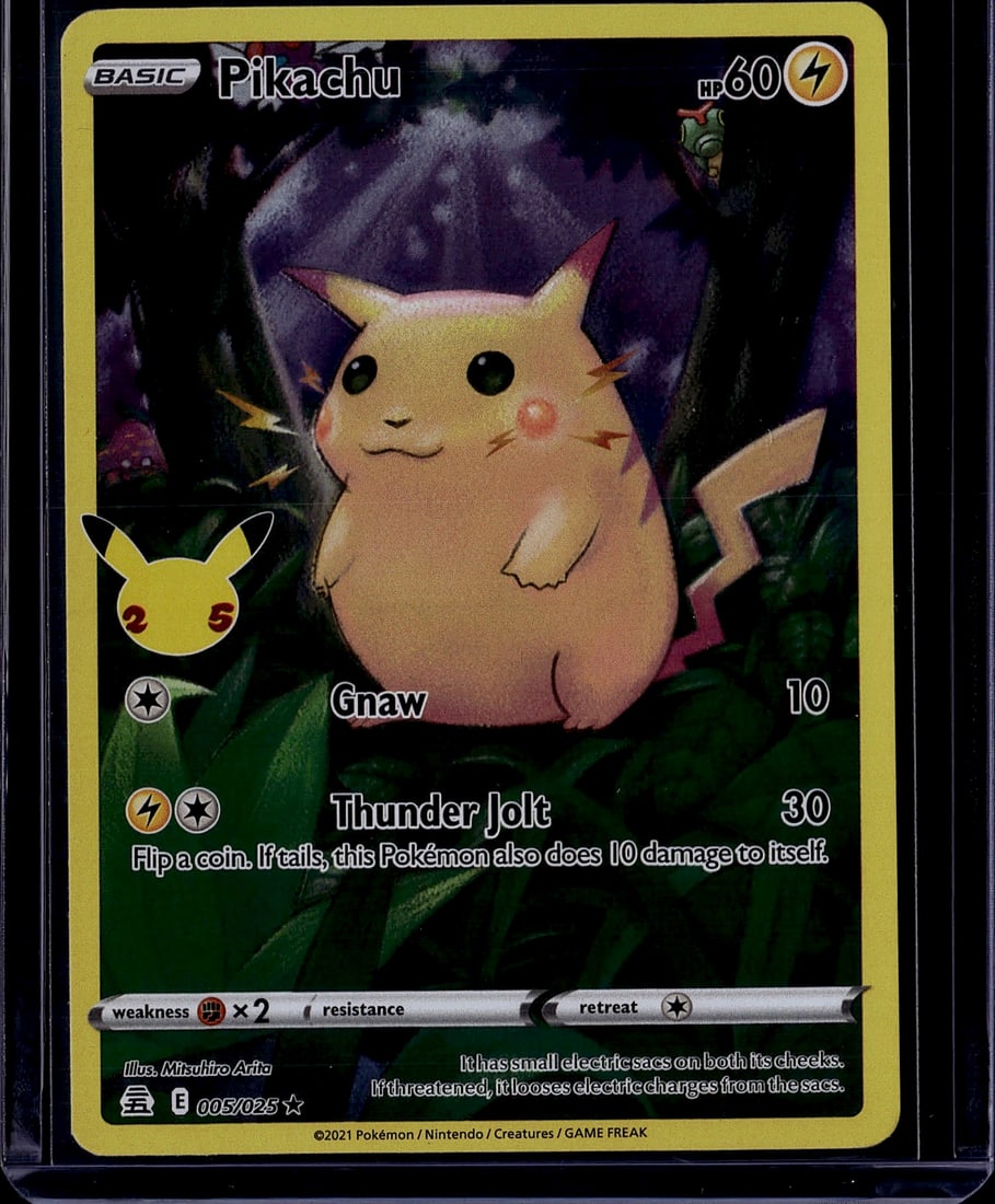 2021 Pokemon Celebrations Pikachu 005/025 Mint: This is a 2021 Pokemon Trading Card Game Basic Pikachu card numbered 005/025, featuring the iconic electric-type Pokemon in stunning artwork by Misuhiro Arita. The card displays Pikachu's characterist