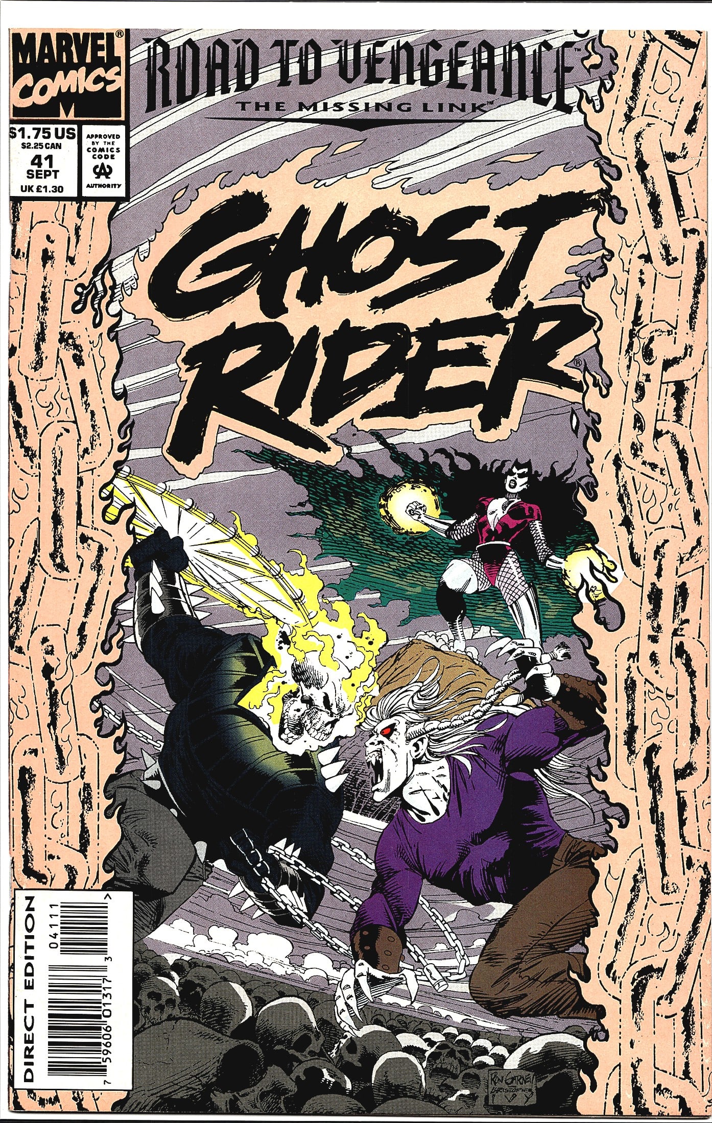 1993 Marvel Comics Ghost Rider Road to Vengeance: Ghost Rider #41 from Marvel Comics, published September 1993, priced at $1.75 US / $2.25 CAN / 1.30 UK. This issue is part of the 'Road to Vengeance: The Missing Link' storyline. The cover art,