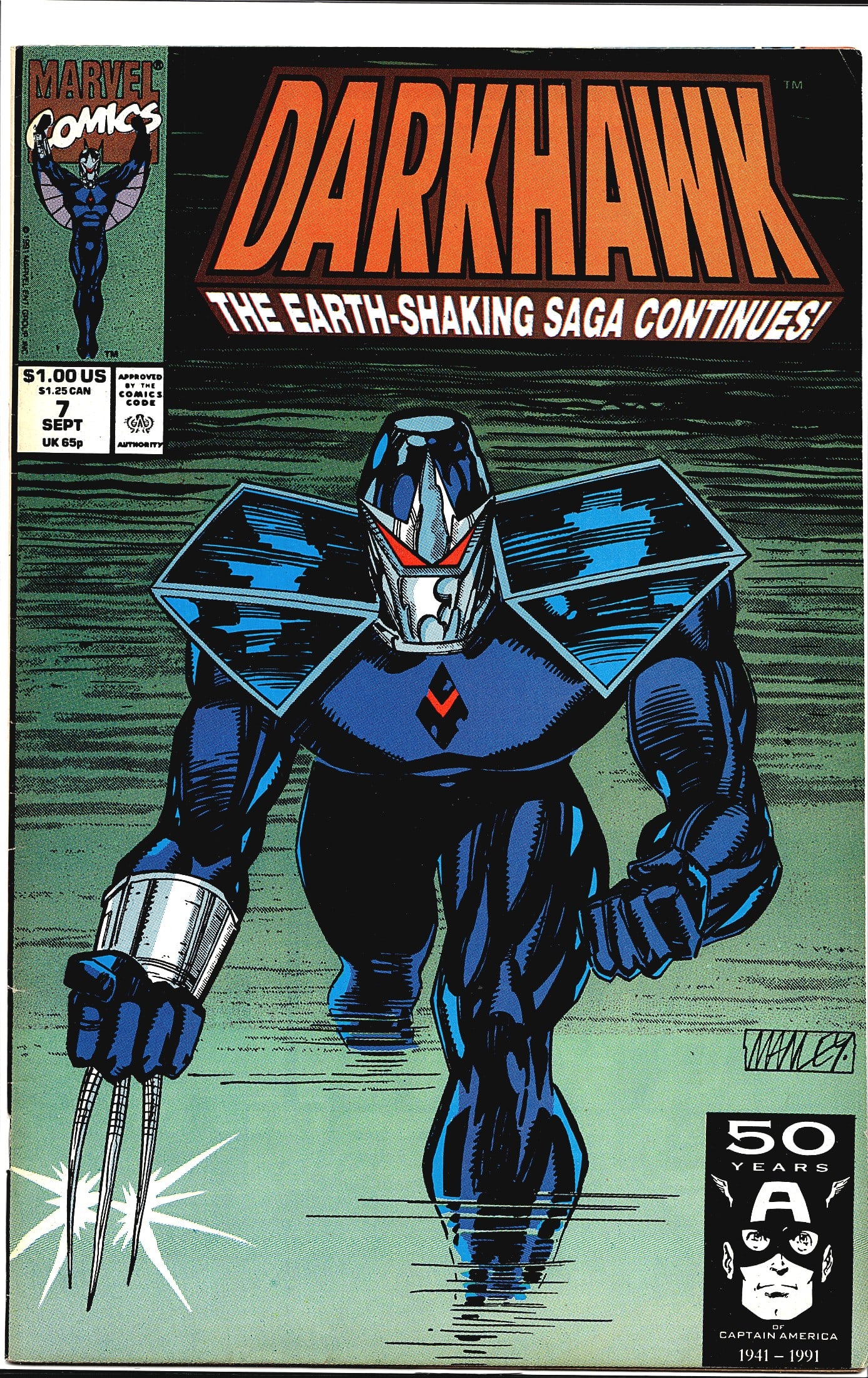Darkhawk #7 1991 Marvel Comics Comic Book: Darkhawk #7 published by Marvel Comics, cover dated September 1991. This issue continues the Earth-Shaking Saga storyline and features a striking cover by Mike Manley depicting the Darkhawk armor in a