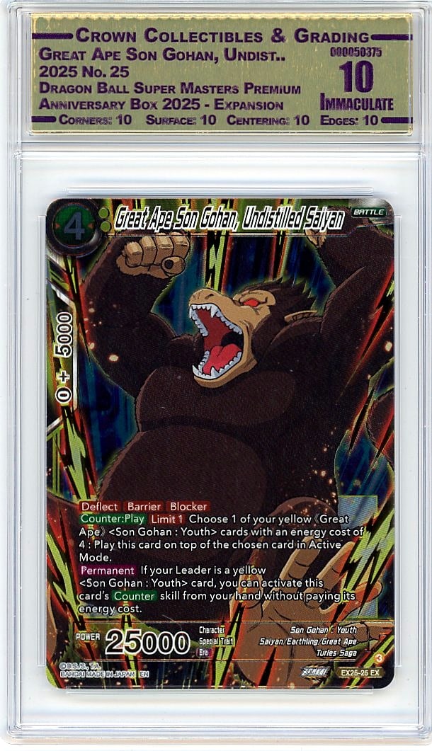 2025 Great Ape Son Gohan, Undist.. Dragon Ball Su: This 2025 Great Ape Son Gohan Undistributed card from the Dragon Ball Super Masters Premium Anniversary Box represents a standout piece for serious Dragon Ball collectors. Graded by Crown Grading